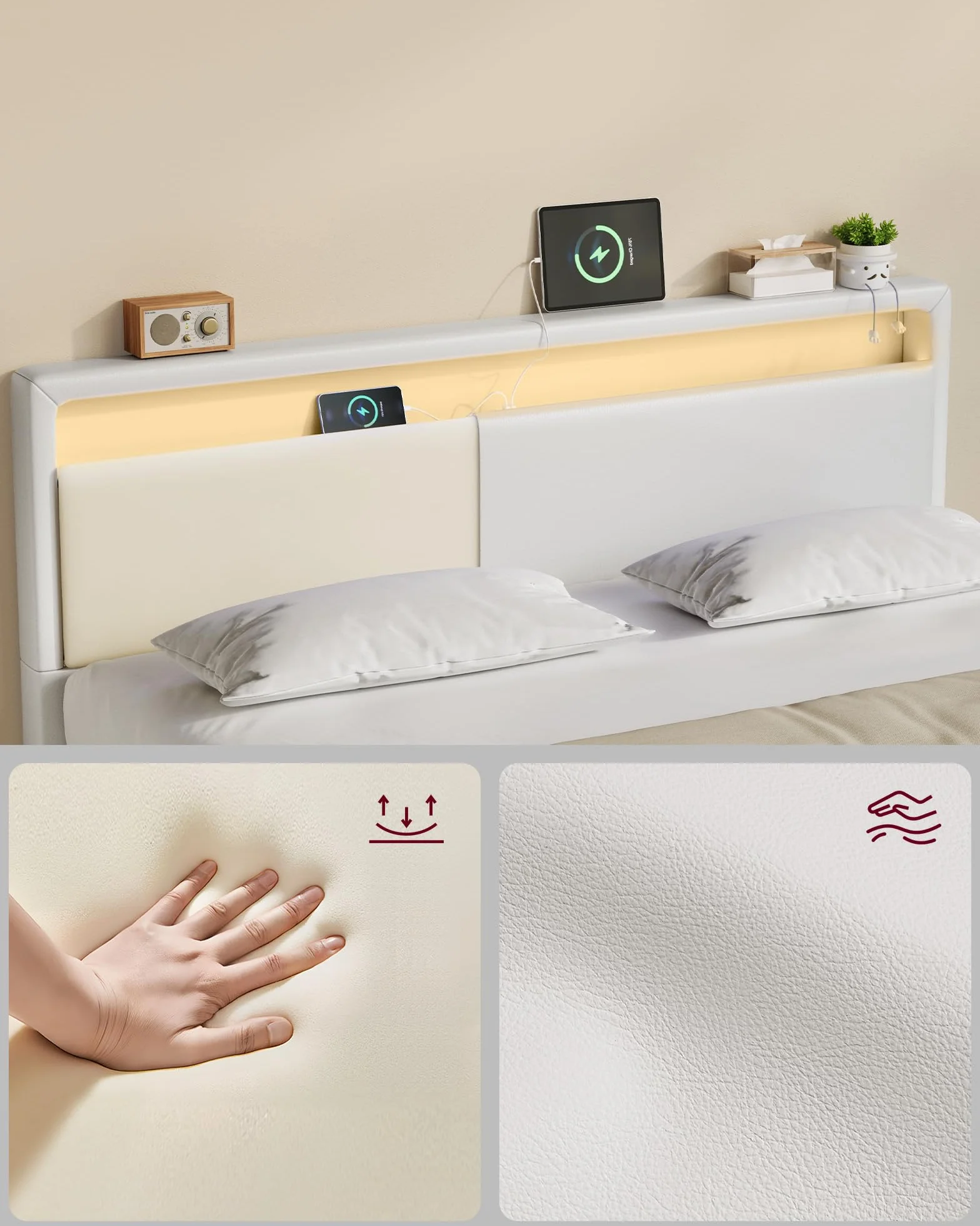 VASAGLE Łóżko podwójne 160x200 cm z oświetleniem LED, wysoki zagłówek, gniazda, biały RMB865W01