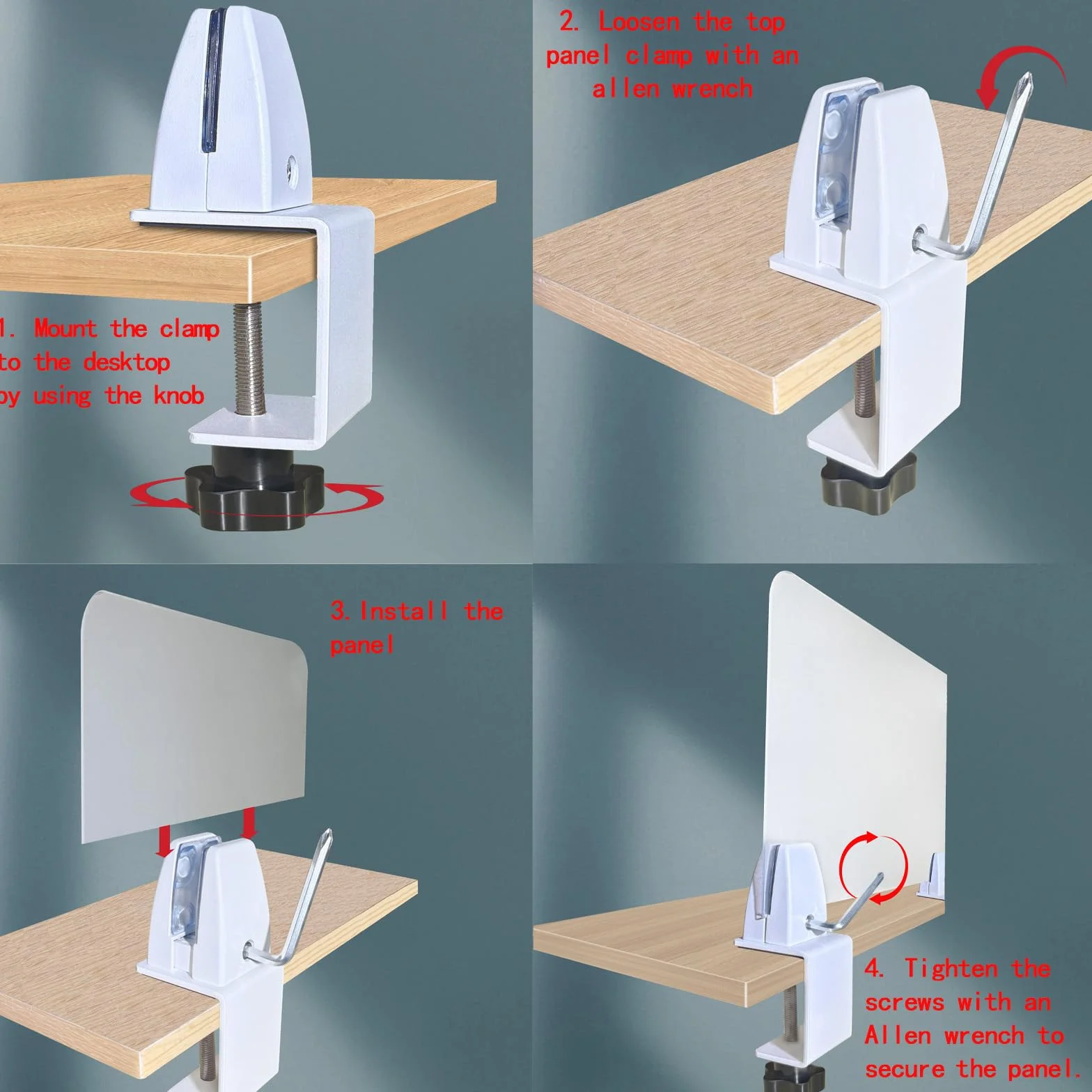 Sneeze Zacisk podtrzymujący do panelu o grubości od 1/8 cala do 2,5 cm, regulowany zacisk działowy na biurko, aluminiowy zacisk działowy na biurko, akrylowe klipsy działowe z pleksiglasu, biały, zacisk panelu prywatności, 2 sztuki