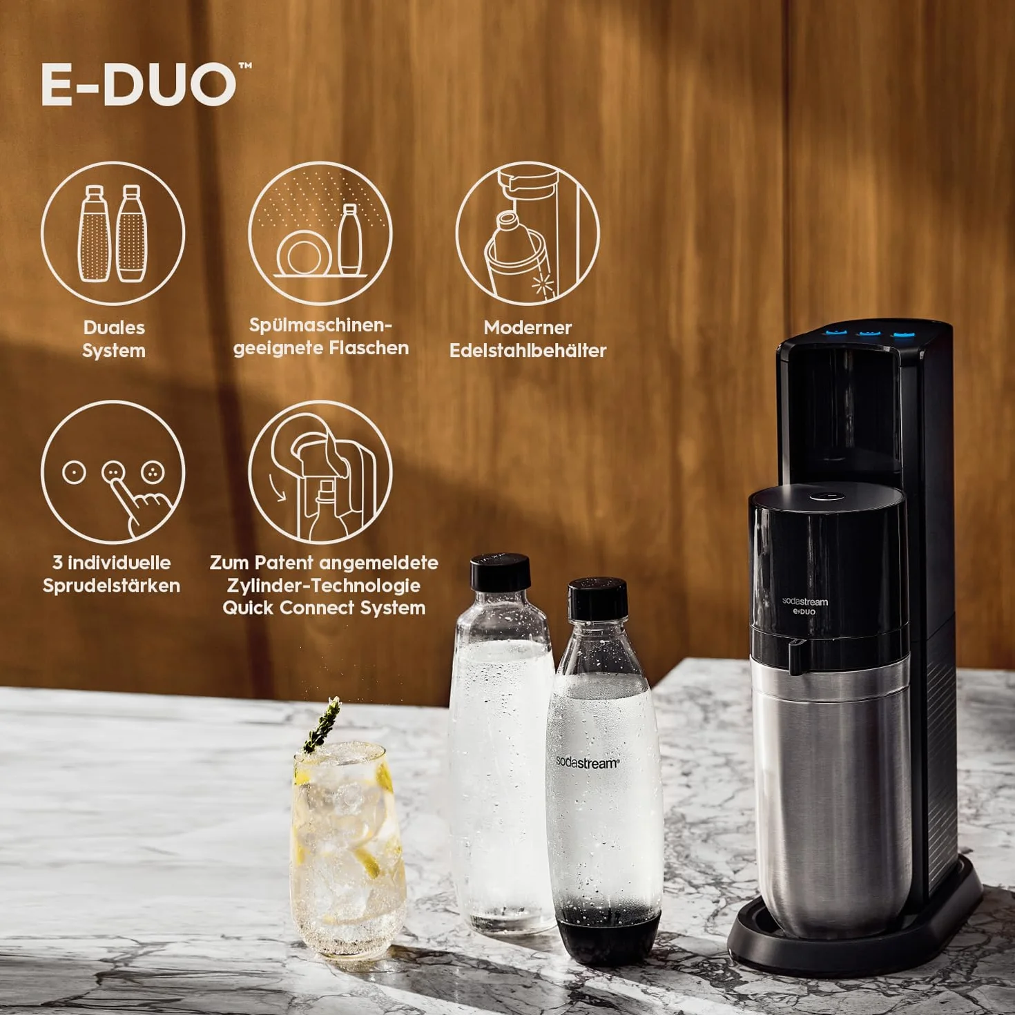 SodaStream E-DUO saturator CO2 cylinder standardowe opakowanie 1L szklana butelka