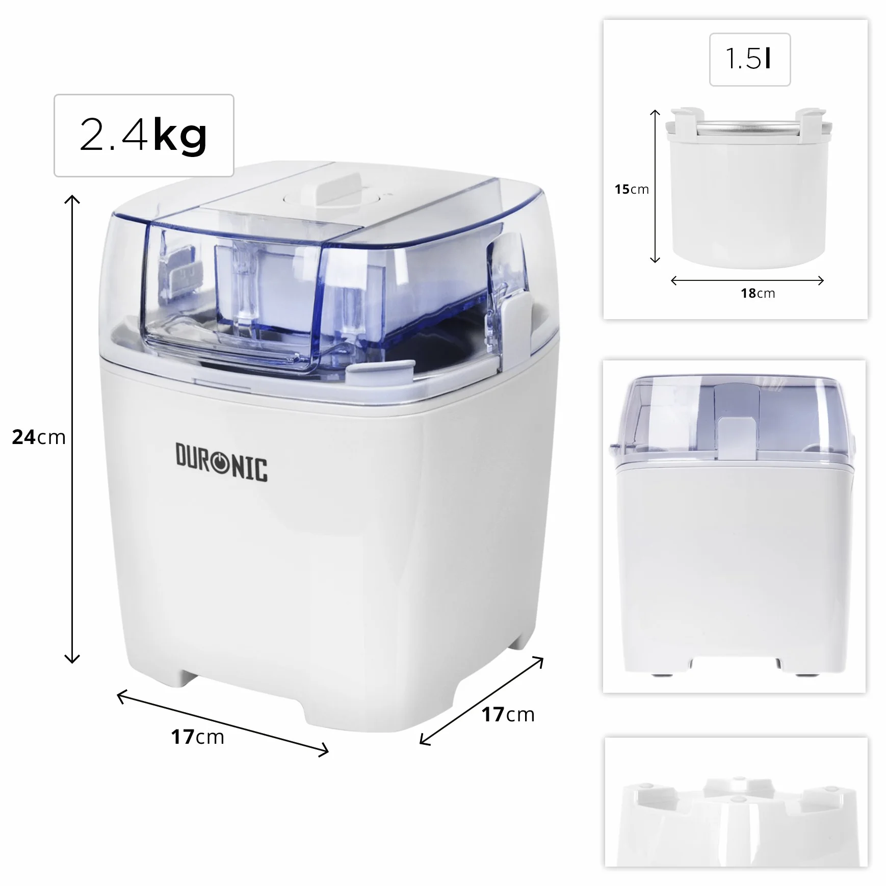 Duronic IM540 Maszynka do robienia lodów domowych bez BPA 1,5l mrożonych deserów automat do sorbetów wegańskie lody domowe bez cukru przezroczysta pokrywka dodawanie składników podczas kręcenia