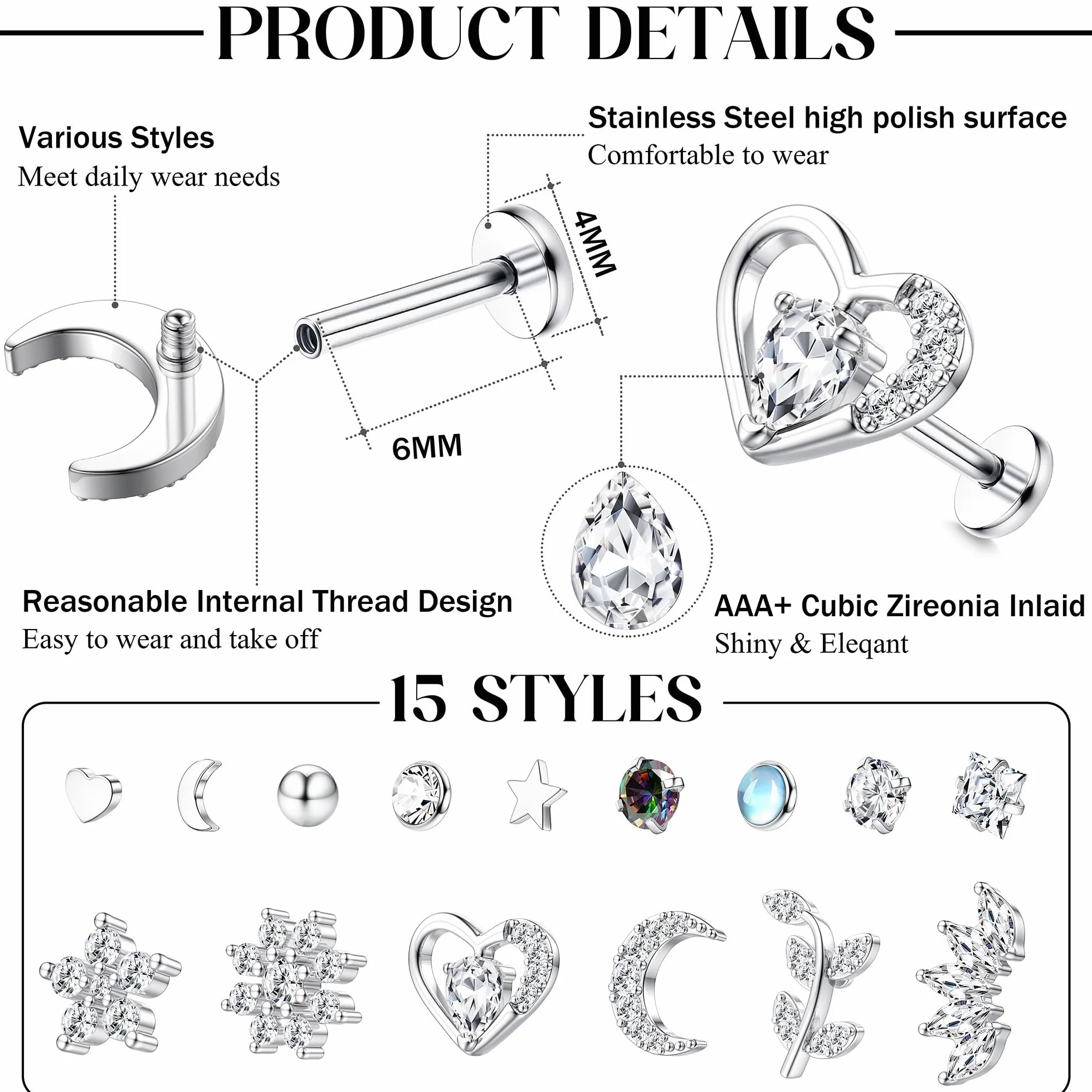 MILACOLATO 16G Cartilage Helix Tragus kolczyki srebrne piercing ucho labret do nosa stal chirurgiczna CZ kwiat opal gwiazda perła kolczyki małe pierścienie wargi piercing chrząstka ucha biżuteria dla