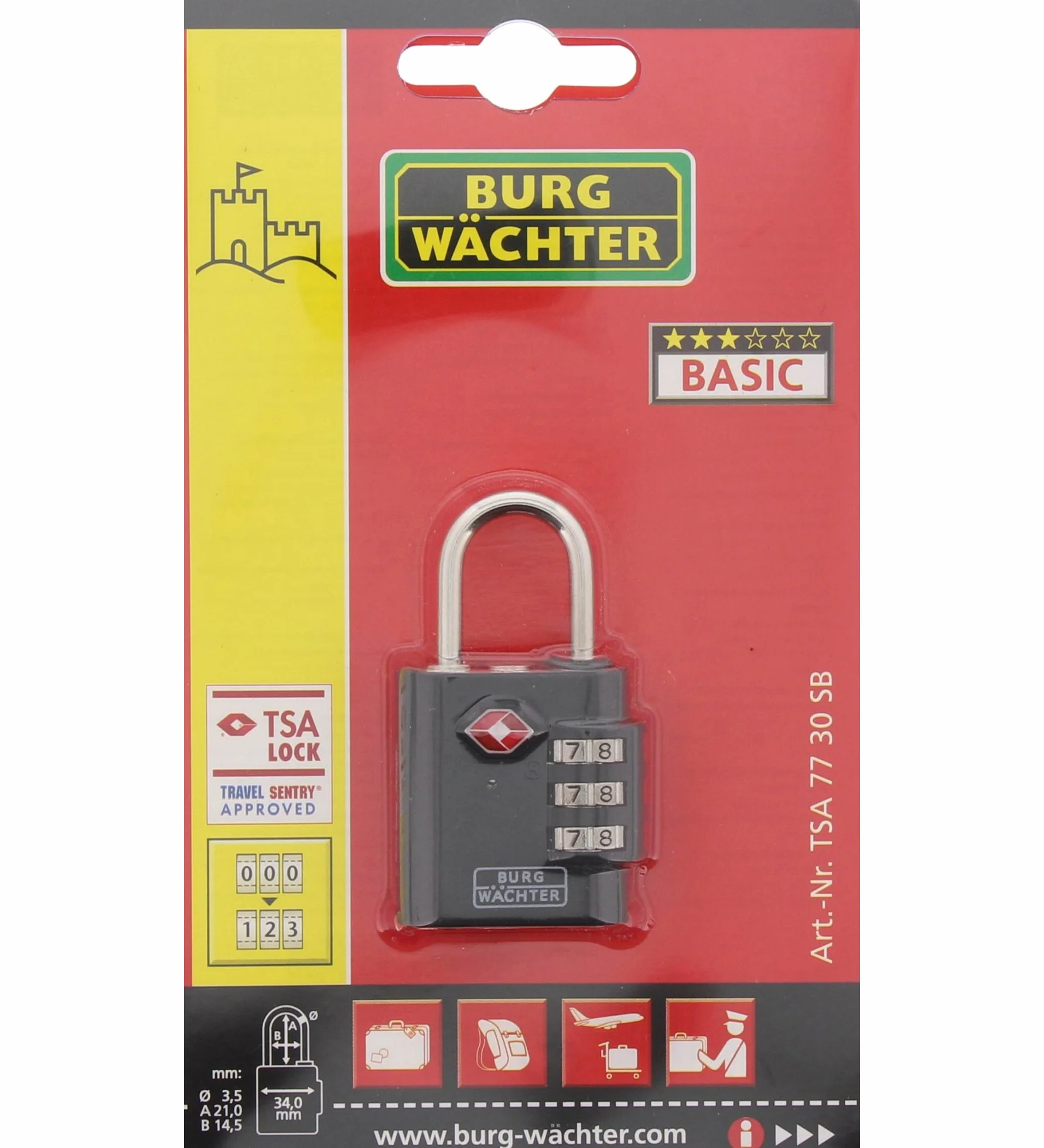 Burg-Wächter 77/30 zamek szyfrowy, grubość pałąka 3,5 mm, 3 rolki szyfrowe, TSA 77 30 SB