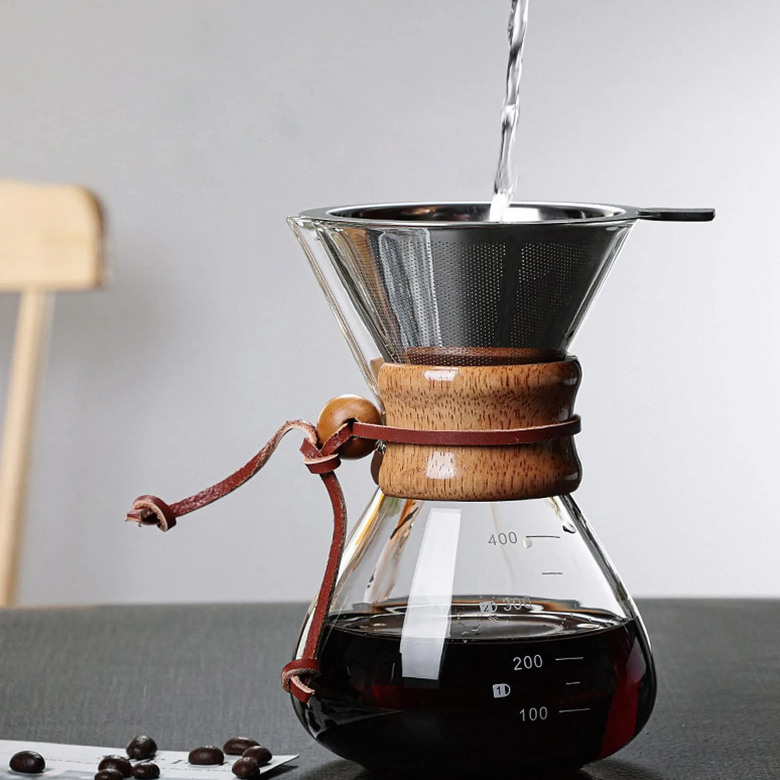 Tissting Pour Over ekspres do kawy 400 ml z karafką i filtrem ręcznym ze stali nierdzewnej – stały filtr ze szkła na 1-2 filiżanki