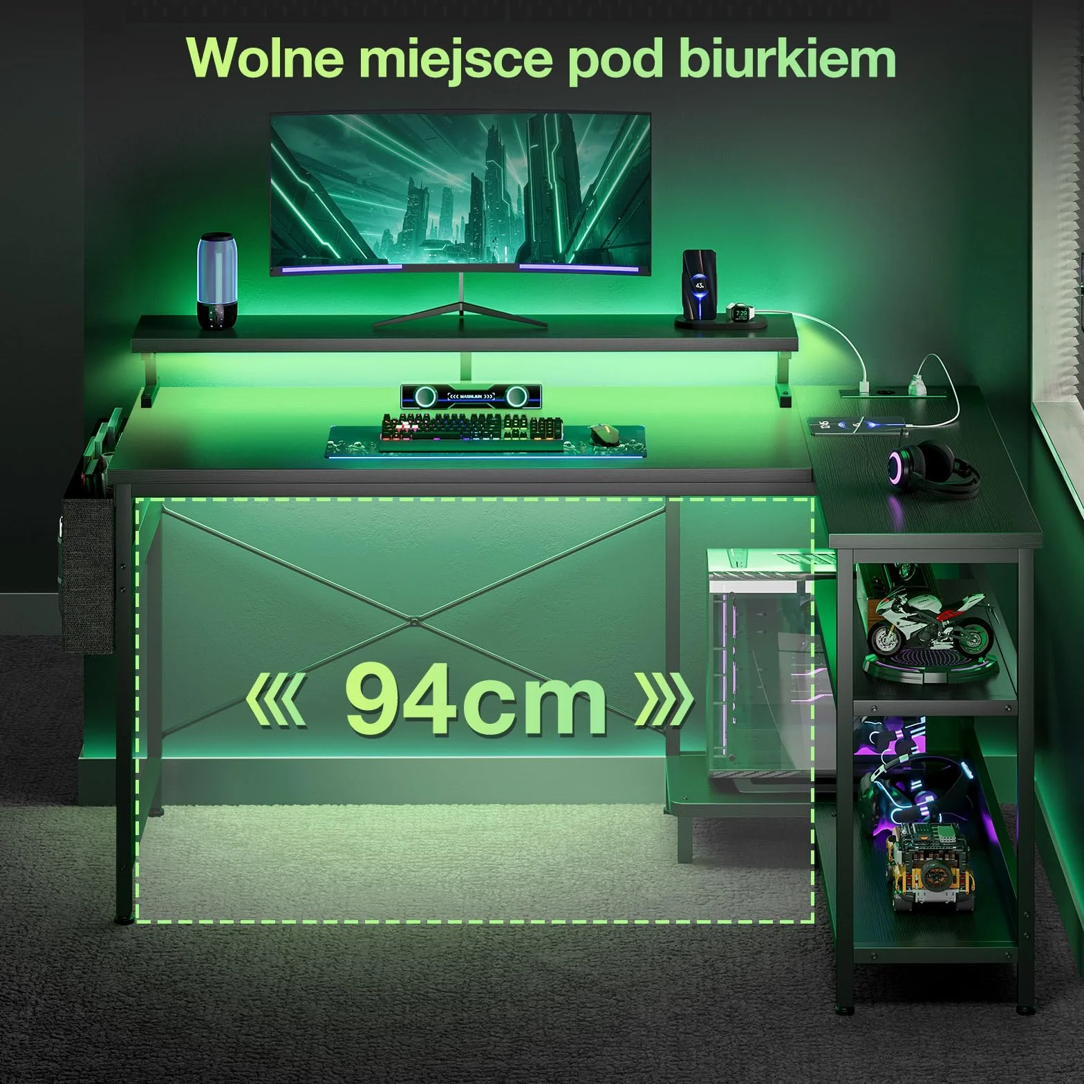 Coleshome Biurko Gamingowe LED 120x80cm Odwracalne Narożne z Półkami Stół Komputerowy Kształt L 2 Porty USB 2 Gniazdka Podstawka pod Monitor Czarny