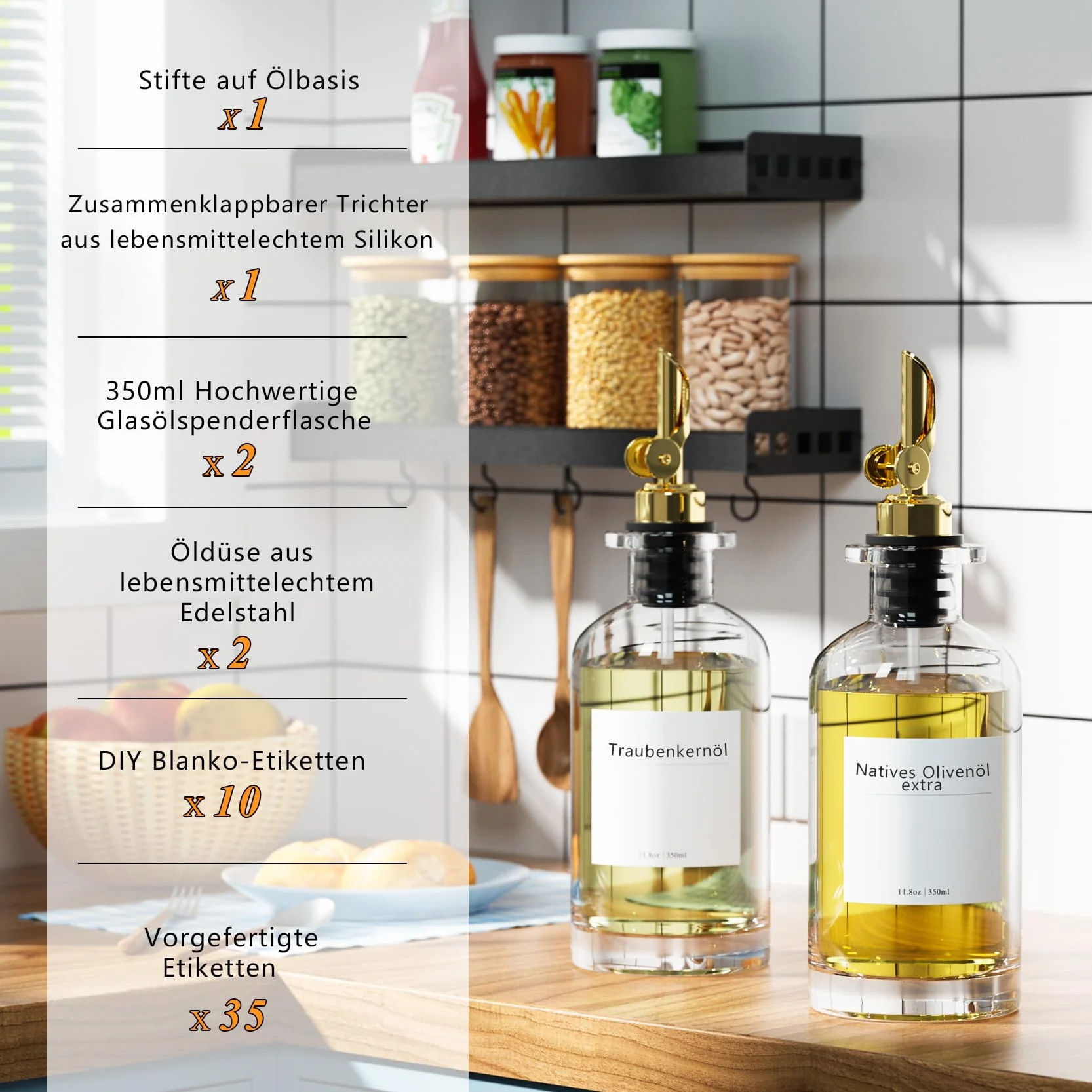 Dozownik oliwy z oliwek 350 ml 2-częściowy zestaw butelek z ważoną tulejką i etykietami