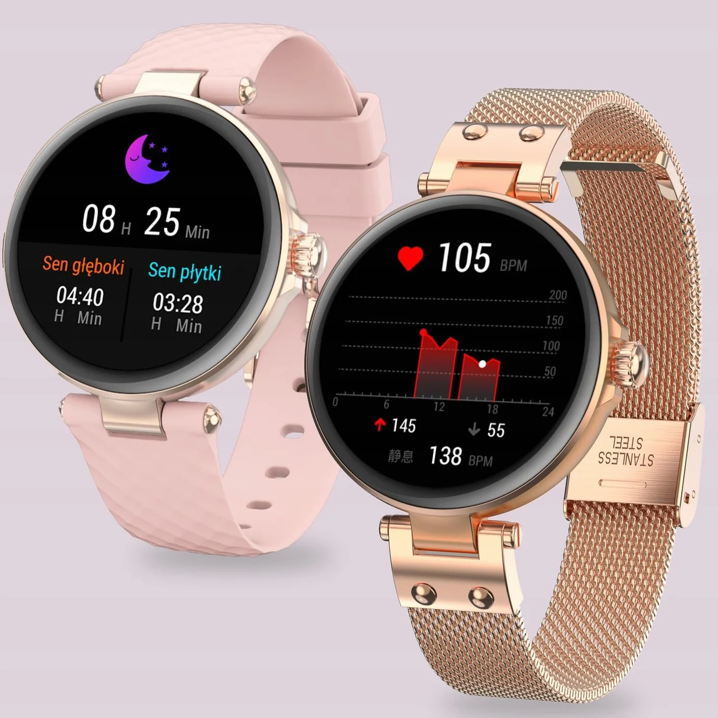 Forever Damski smartwatch ForeVive Petite SB-305 różowy, zegarek na rękę Bluetooth, sterowanie muzyką, krokomierz, pulsometr, wodoodporny IP68, elegancki zegarek fitness