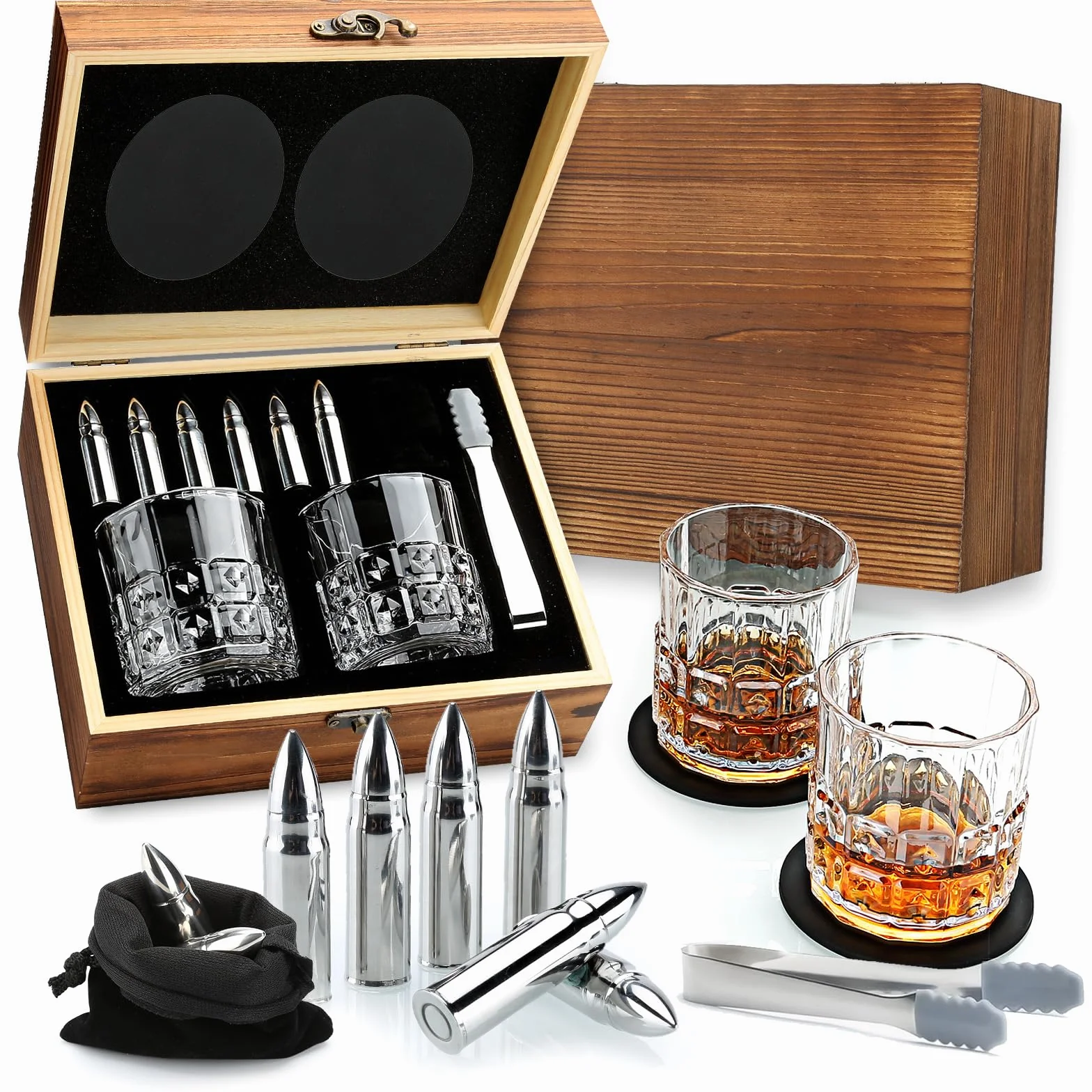 Sovyime Zestaw Prezentowy Whisky - Szklanki do Whisky 2 szt., Kamienie Stal Nierdzewna, Drewniane Pudełko