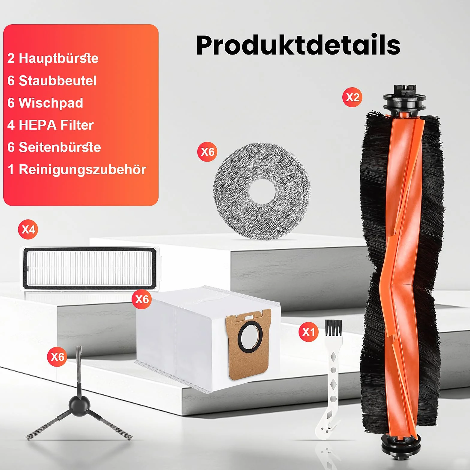 Zestaw akcesoriów do robota odkurzającego Xiaomi X20 Max / X20 Pro, 2 szczotki główne, 6 worków, 6 podkładek, 4 filtry HEPA, 6 szczotek bocznych