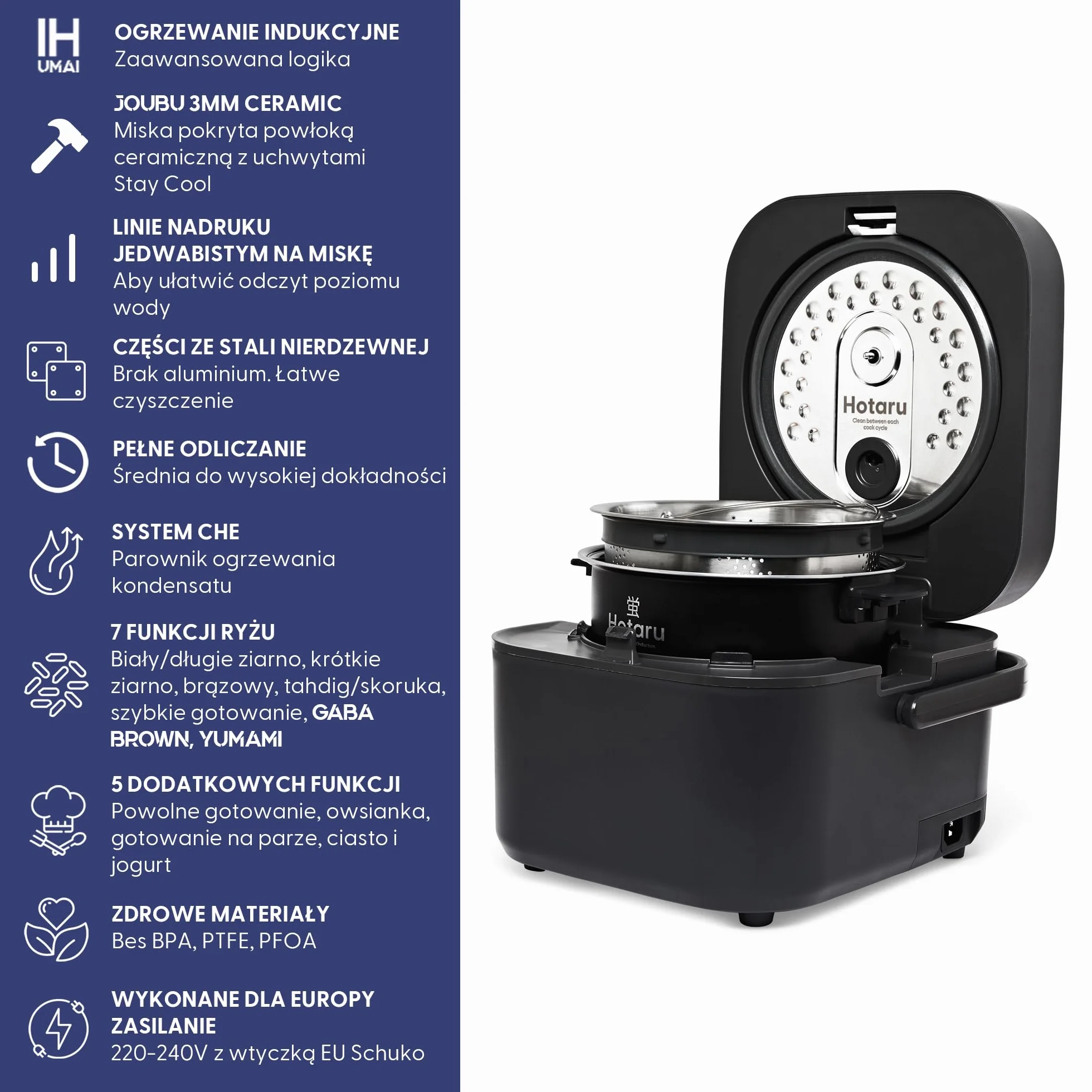Yum Asia Hotaru Induction Heating Rice Cooker z ceramiczną miską 3 filiżanki 0,54 litra 7 funkcji ryżu 5 funkcji wielofunkcyjnych LED Slate Grey