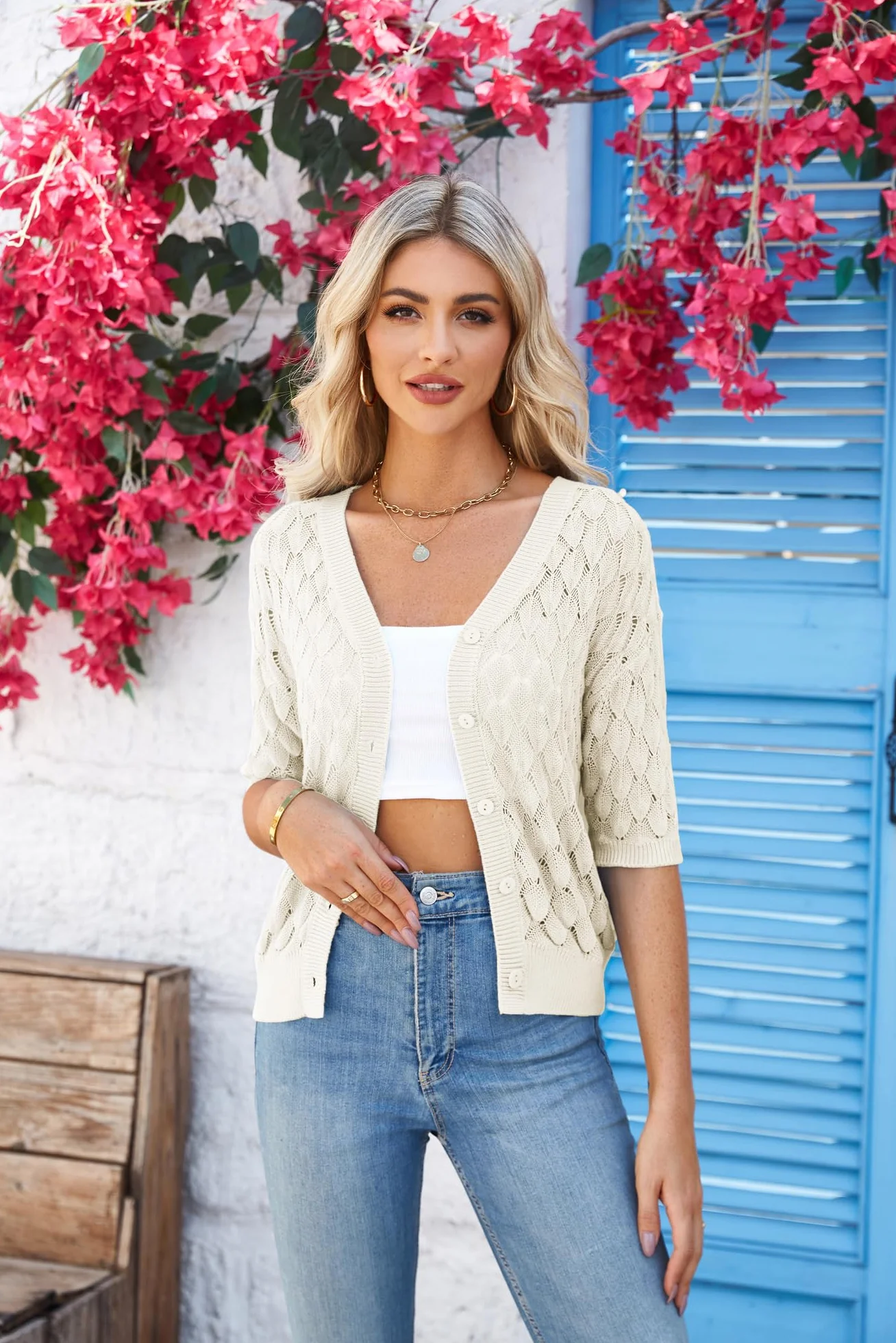 GRACE KARIN Damski kardigan, krótki top, casualowy, elegancki sweter z krótkim rękawem, elegancka kurtka bolerko z guzikami