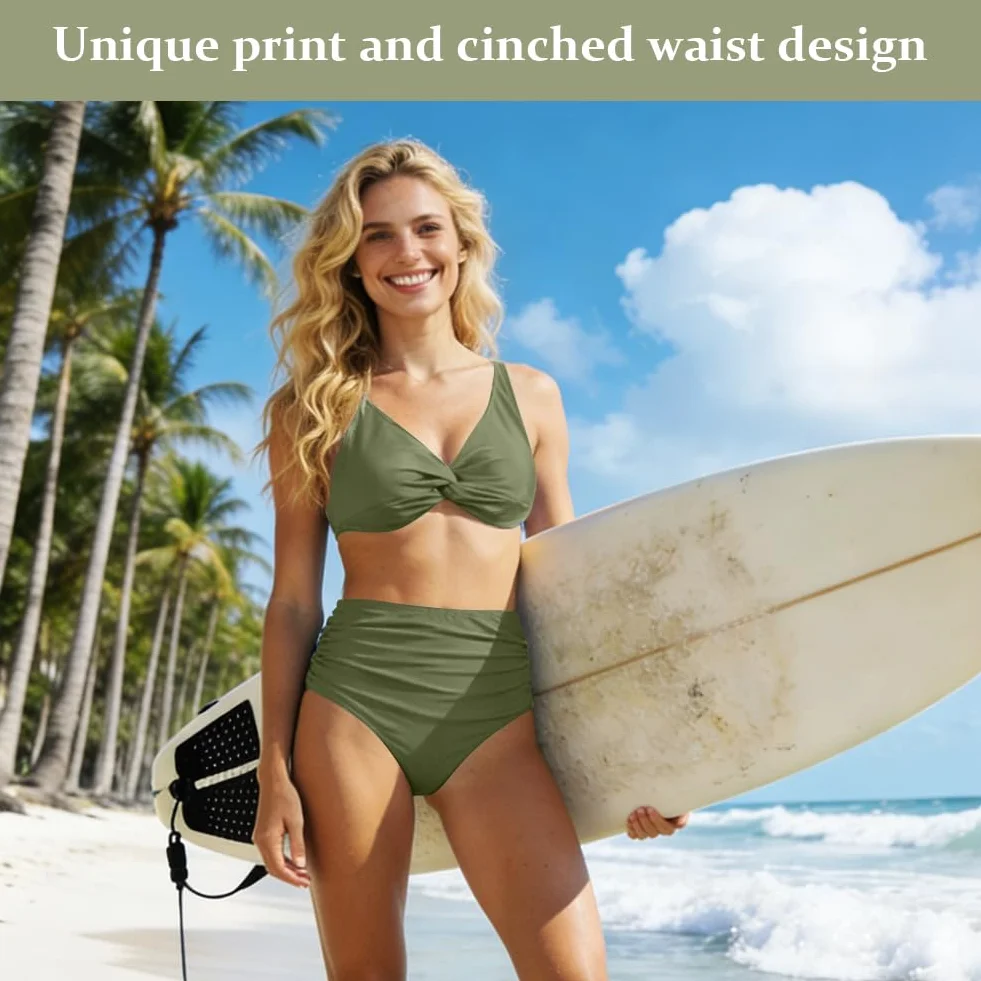 Damski zestaw bikini z wysokim stanem, stroje kąpielowe Twist Front, dekolt w serek, wyściełane dwuczęściowe stroje kąpielowe, kontrola brzucha, marszczone kostiumy kąpielowe, seksowne ubrania