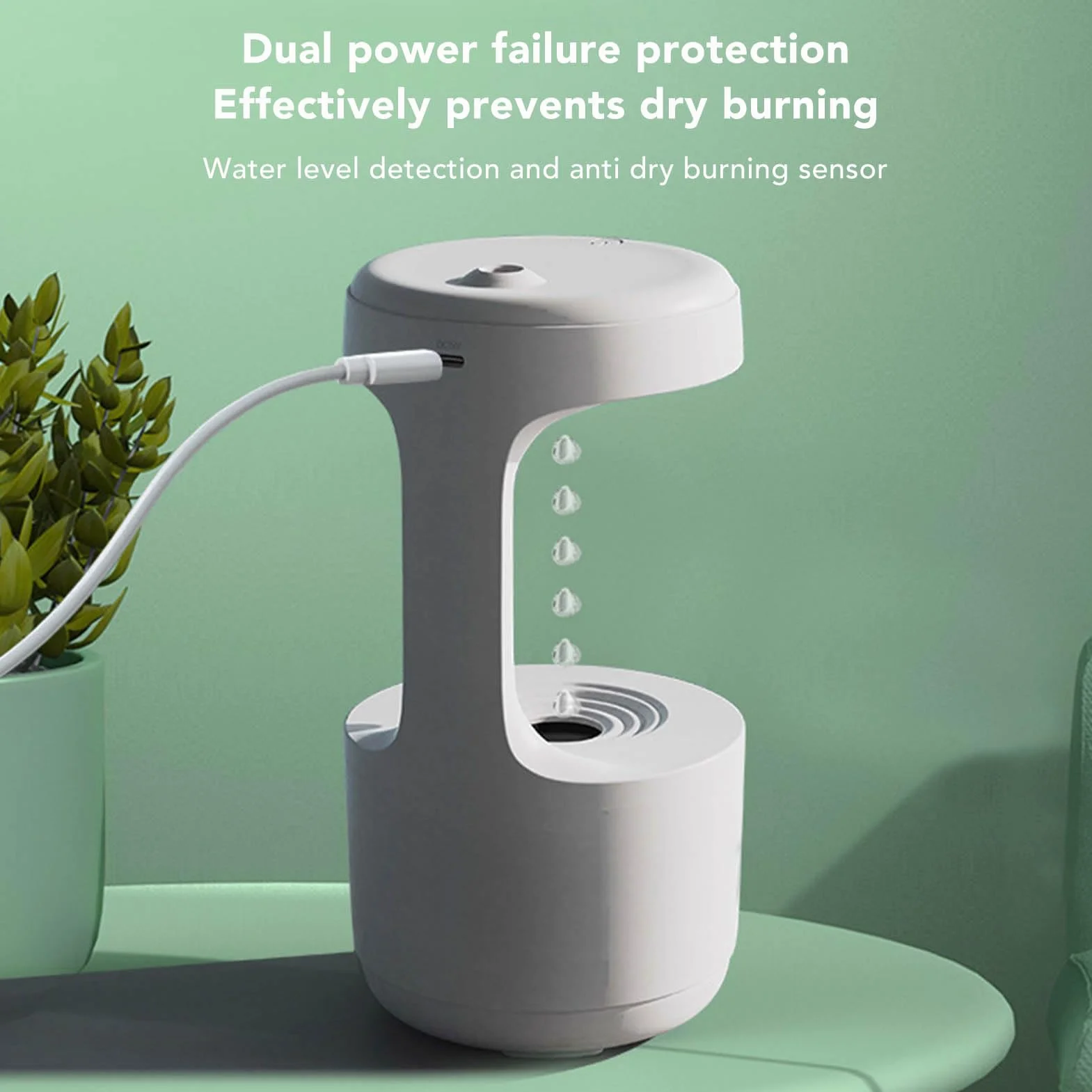 Nawilżacz kropli wody antygrawitacyjny, 800 ml nawilżacz mgły chłodzącej USB z lampką nocną, cichy nawilżacz powietrza z kroplami wody, zegar LED do domu, sypialni, biura (Biały)