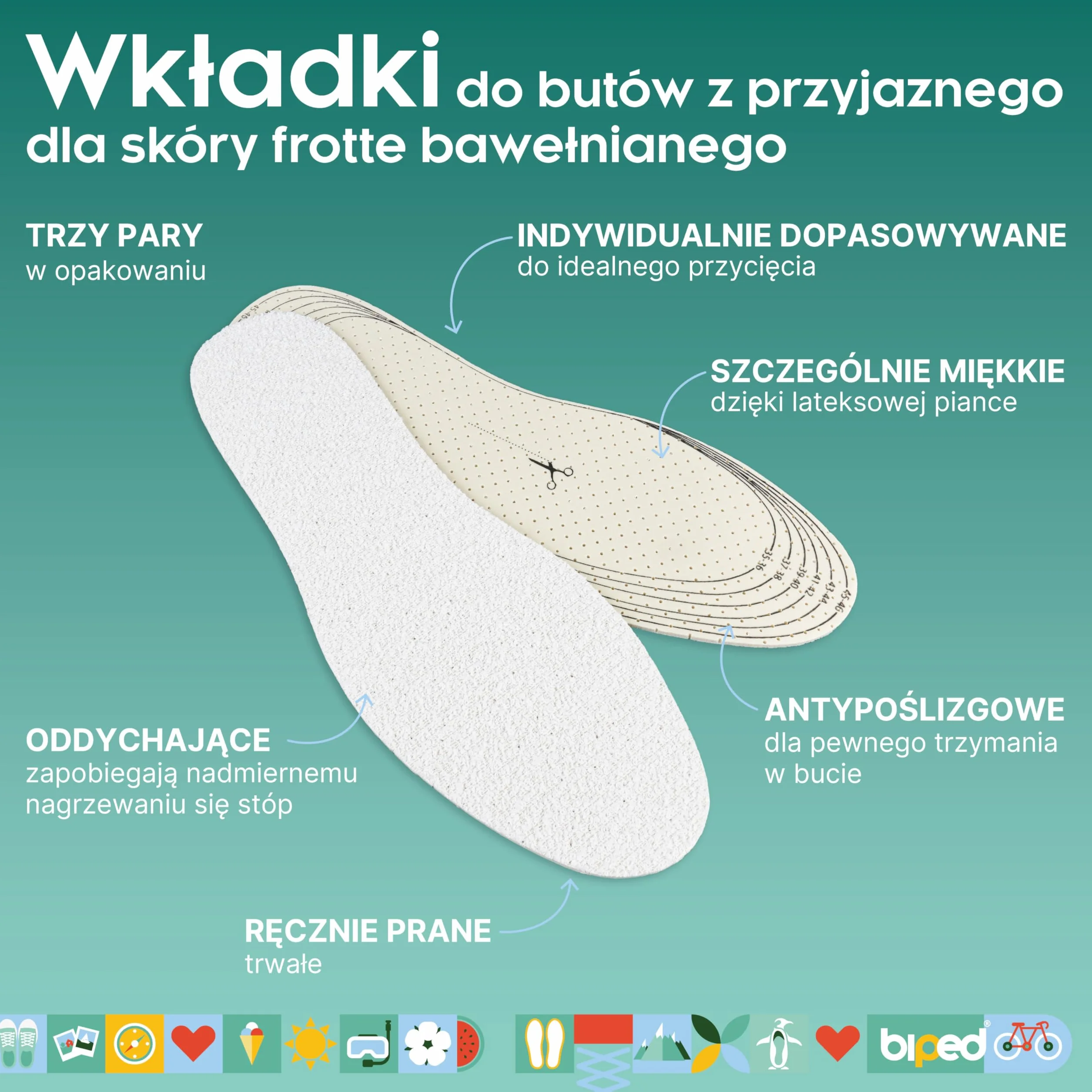 biped 3 pary wkładek do bosych stóp do przycięcia na wymiar - wkładki frotte ze 100% bawełny i miękką lateksową amortyzacją - wkładki przeciw nieprzyjemnemu zapachowi stóp i bakteriom z2028