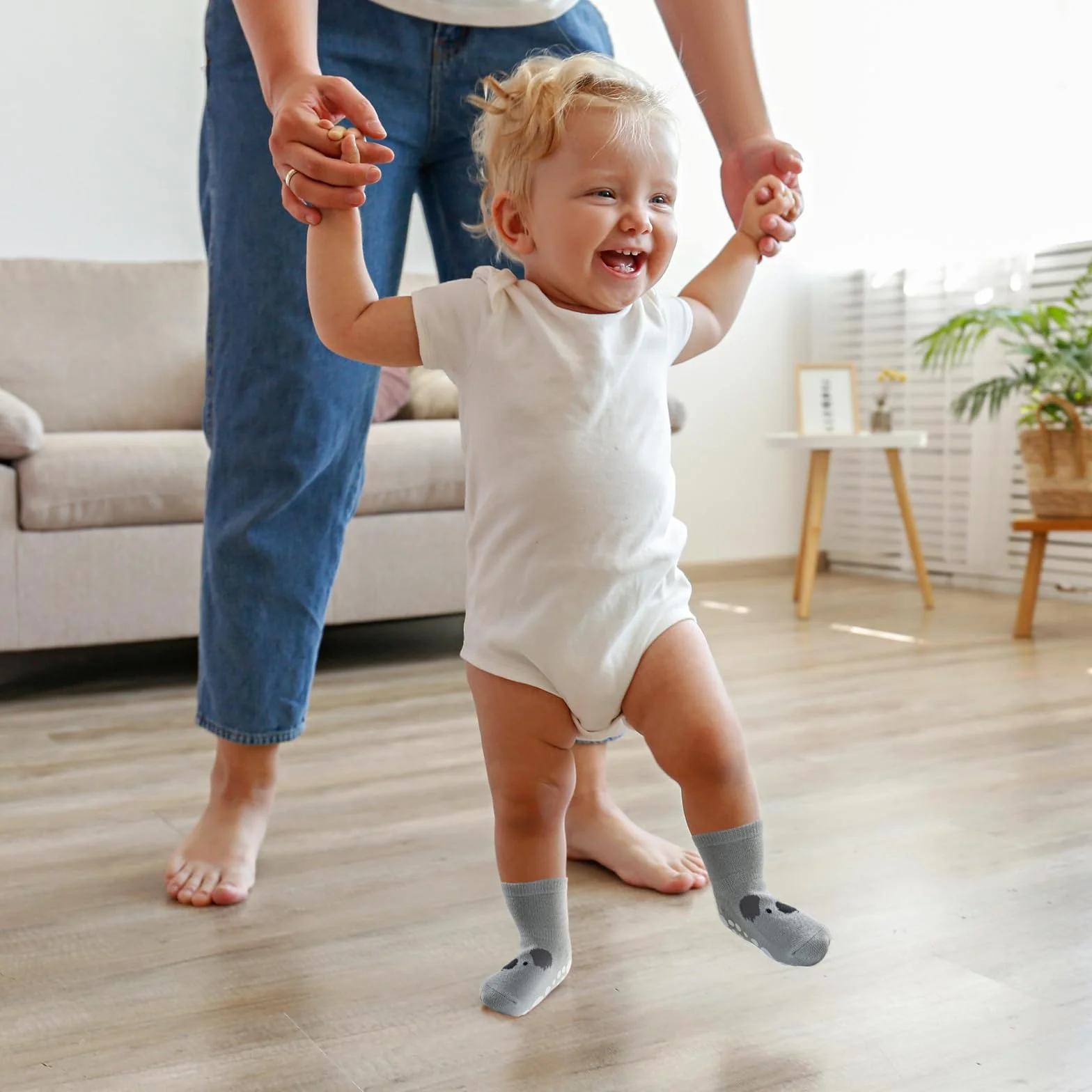 SockWaddles skarpetki dziecięce, 5 par oddychających skarpetek antypoślizgowych dla dzieci z ABS, skarpetki do raczkowania dla dzieci z bawełny, zwierzętami i jednorożcami