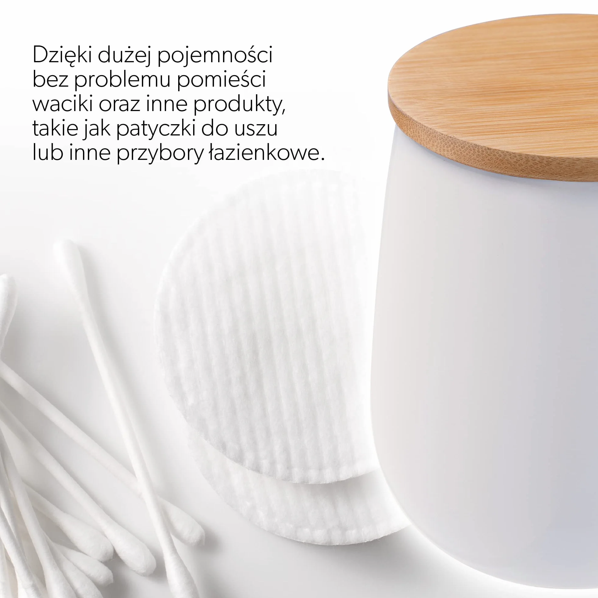 KADAX Pojemnik łazienkowy ceramiczny biały z bambusową pokrywką, szczelne zamknięcie ogranicza wilgoć, zmywalna powierzchnia, na waciki kosmetyczne, patyczki i drobiazgi do łazienki
