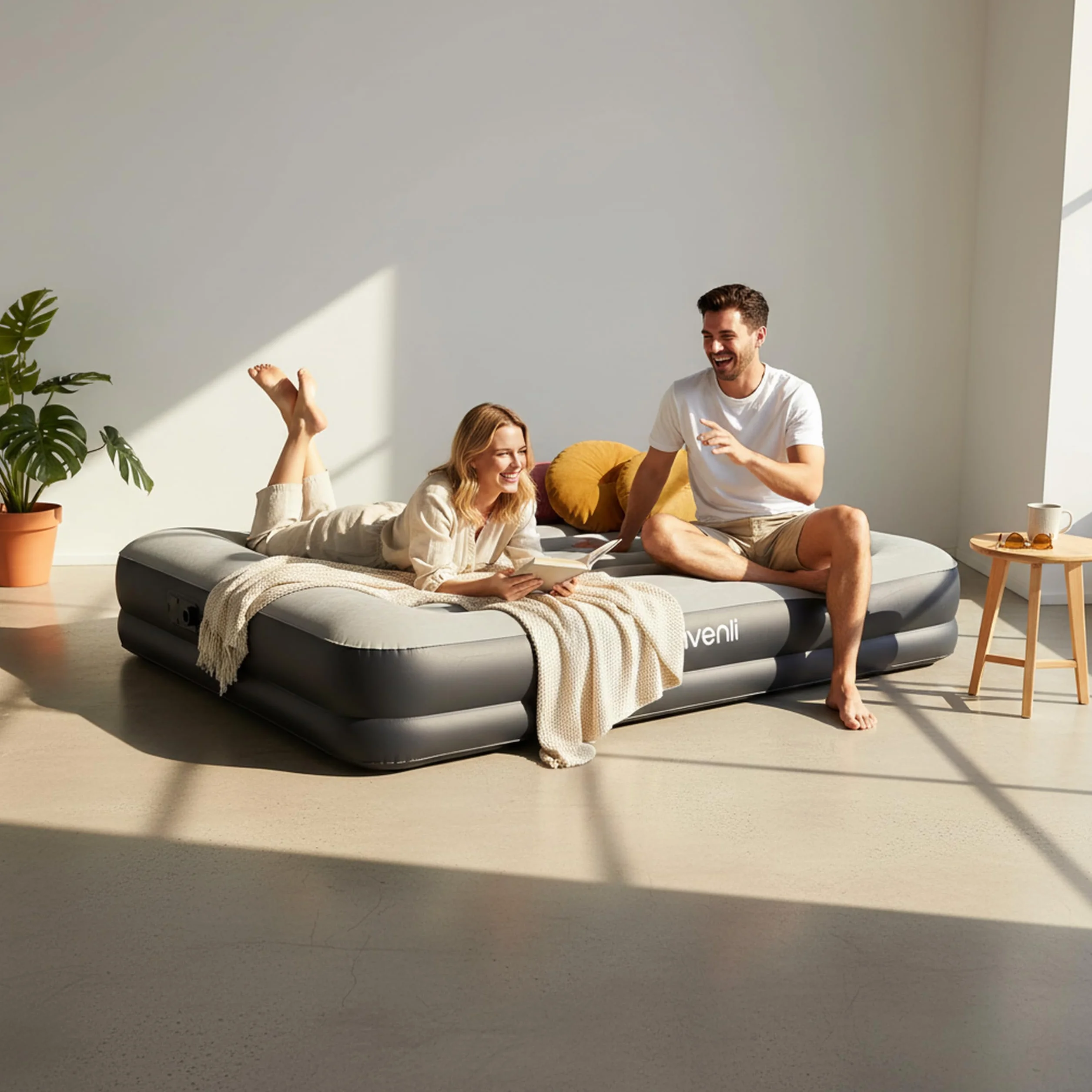 AVENLI Materac dmuchany samopompujący dwuosobowy 203x152x36cm z pompką elektryczną flokowany na kemping