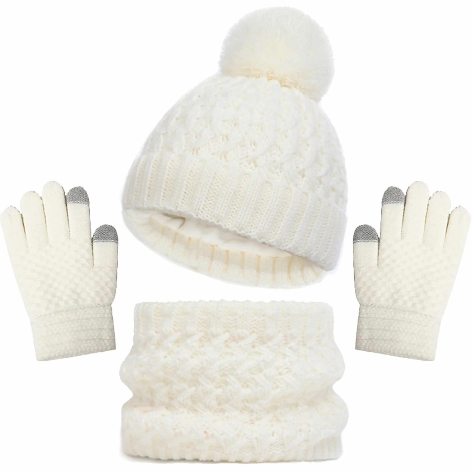 Baynetin Dziecięca czapka zimowa, szalik, rękawiczki, zestaw 3 szt., ciepła pomponowa, czapka beanie, czapka z ekranem dotykowym, okrągły zestaw z polarową podszewką, dla chłopców i dziewczynek w