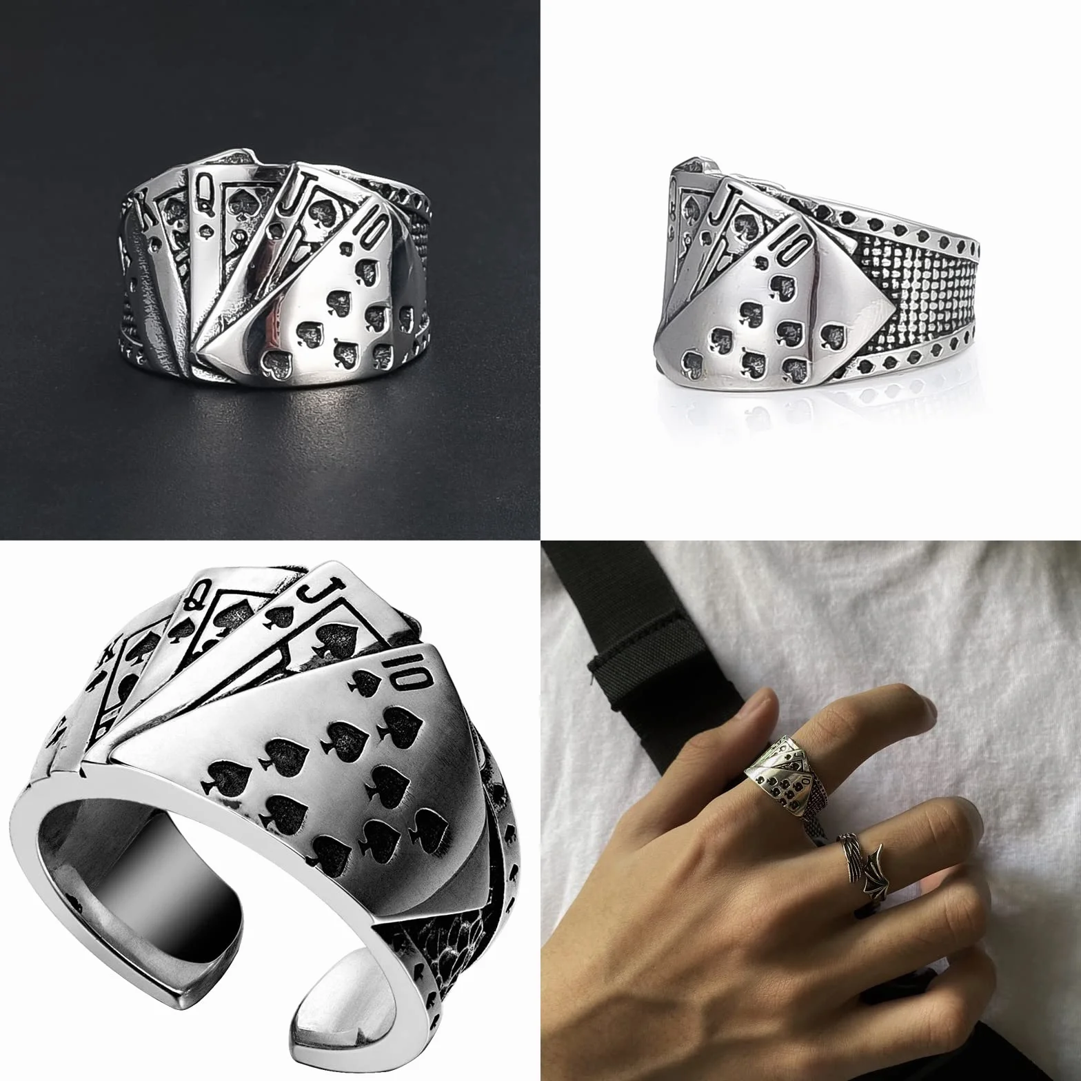 Vintage punk chunky pierścionki poker gotyckie srebrne serca k pik