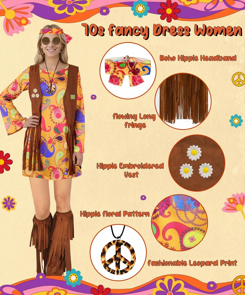 TOLOYE Fantazyjna sukienka dla kobiet w stylu lat 70., kostium hipisowski, z kamizelką z frędzlami, boho, opaska na głowę, zestaw naszyjników w stylu lat 60. XX wieku, sukienka hipisowska, na