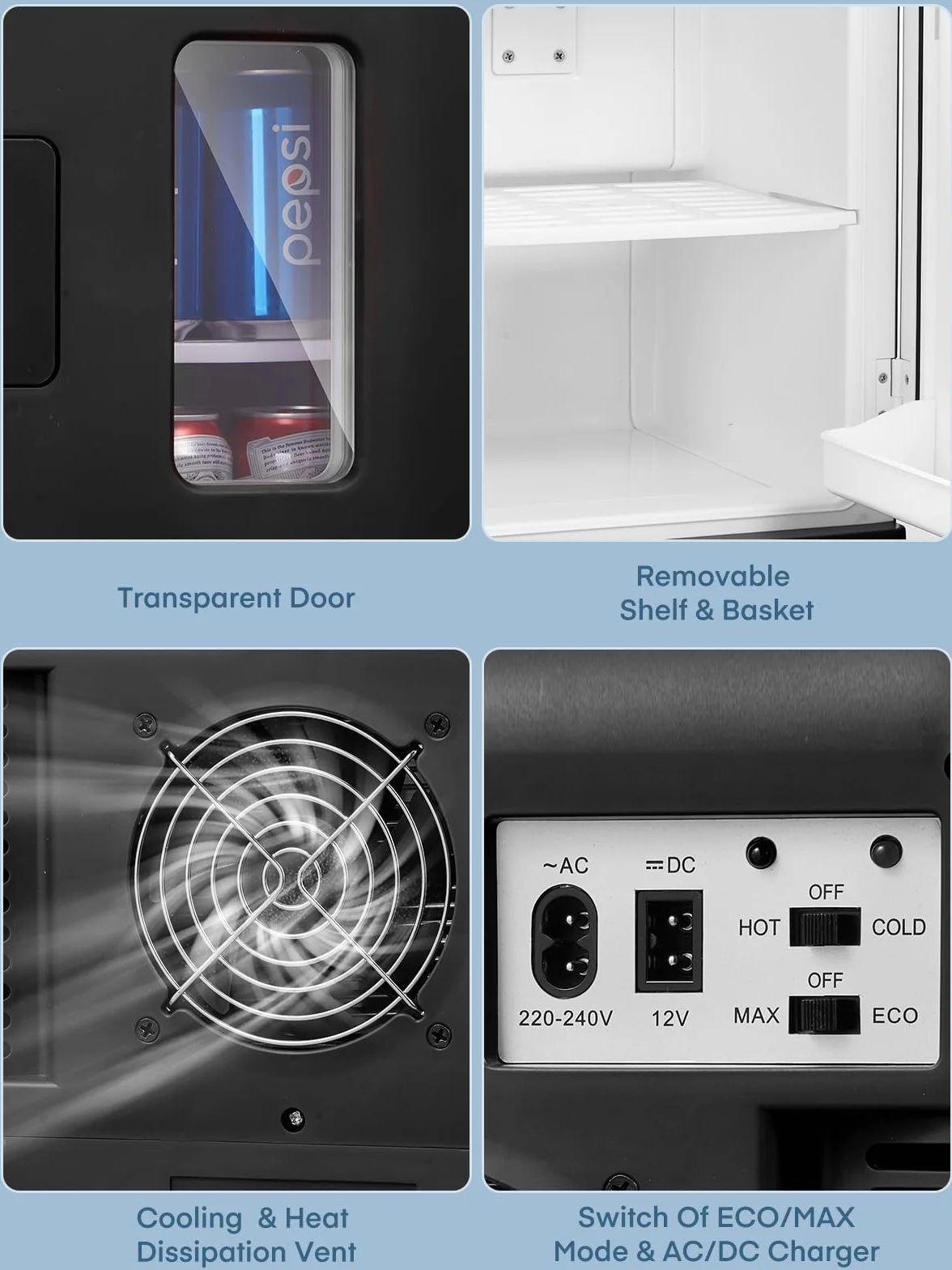 FOHERE Lodówka mini, 15 l / 21 puszek, lodówka mini do domu, 12 V DC/220 V AC, mała lodówka z funkcją utrzymywania temperatury produktów ciepłych/zimnych, napojów, kosmetyków, tryb Max i ECO, Czarny