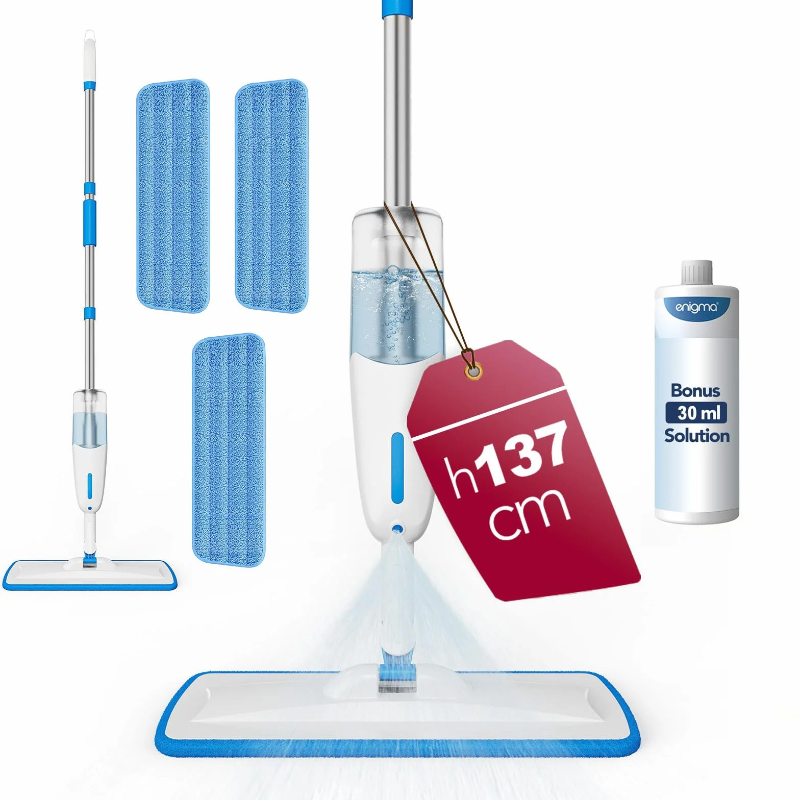 Mop ze spryskiwaczem Enigma 137 cm z 3 ściereczkami do czyszczenia na mokro i na sucho lekki mop podłogowy z funkcją spryskiwacza do twardych podłóg/laminatów/drewna/płytek/winylu/kamienia