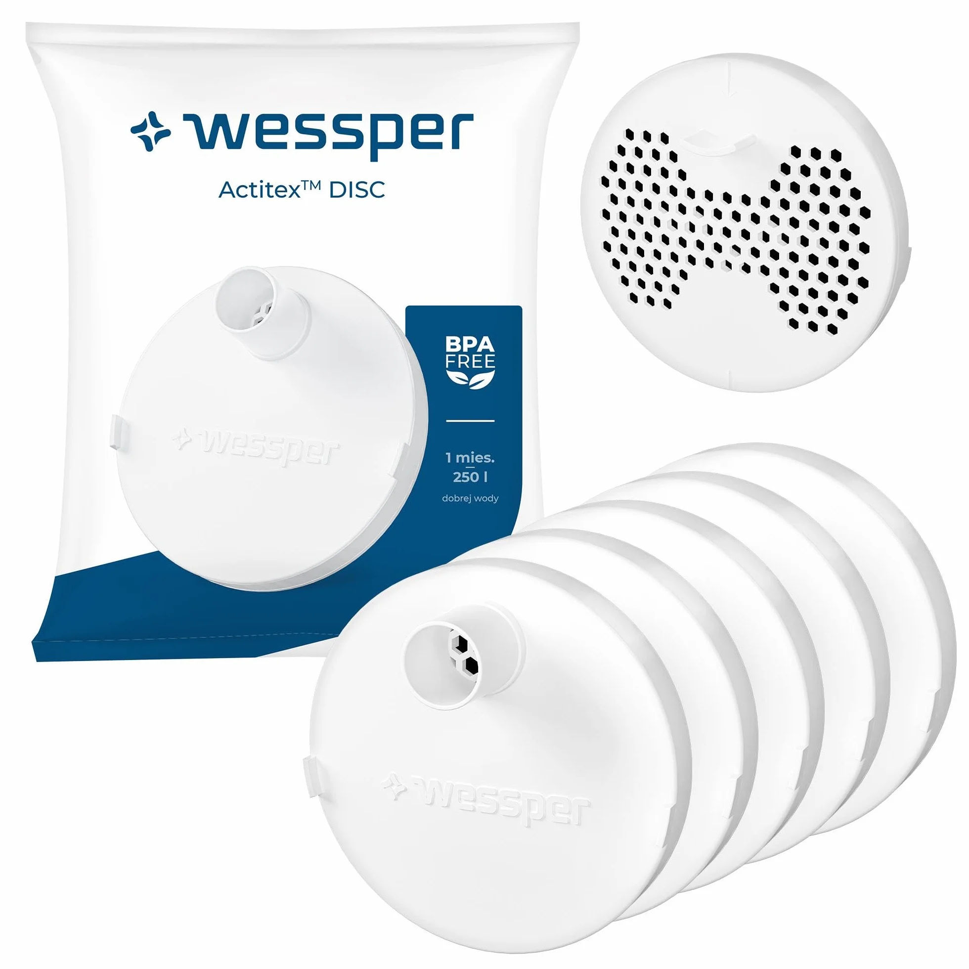 Wessper 5 sztuk filtra wody ActitexTM DISC, Okrągły Filtr z węglem aktywnym do butelki na wodę 1L, Nasadka filtra do butelki na wodę o pojemności 1L z węglem aktywnym, do 250L wody lub 1 miesiąc