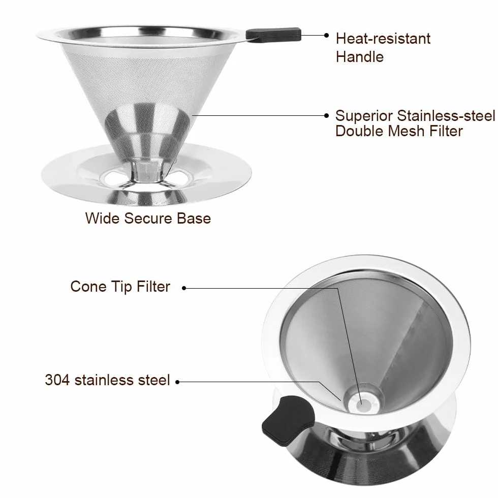 Vicloon Filtr do kawy ze stali nierdzewnej wielokrotnego użytku Dripper z uchwytem na kubek, do 4 filiżanek