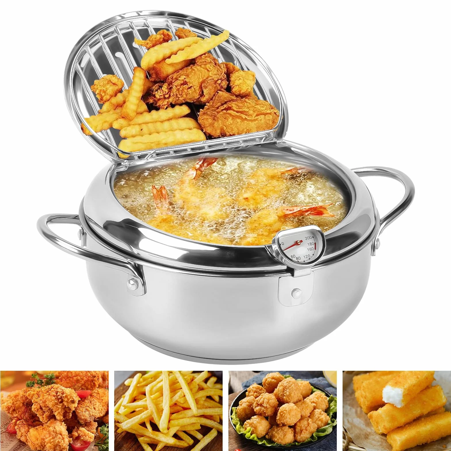 Tempura garnek do frytkownicy ze stali nierdzewnej z pokrywką i stojakiem 28 cm