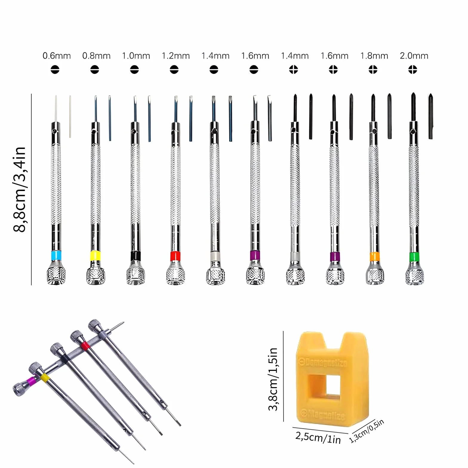 Zestaw 10 wkrętaków zegarmistrzowskich z demagnetyzatorem, 0,6 mm - 2,0 mm, precyzyjne narzędzie zegarmistrzowskie, do naprawy zegarków, śrubokrętów do zegarków, wkrętaków do okularów