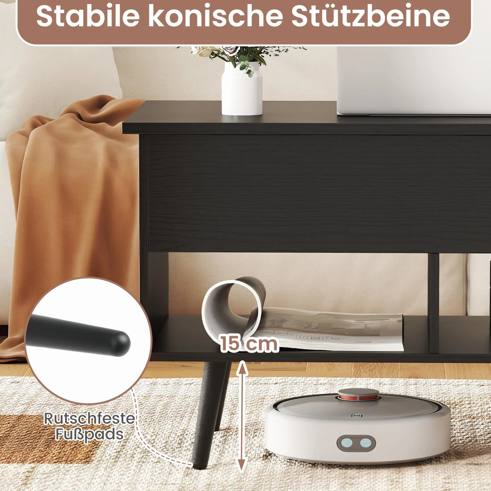 COSTWAY Stolik kawowy z regulacją wysokości, podnoszonym blatem i 2 półkami, 80 x 40 x 46-60 cm, czarny