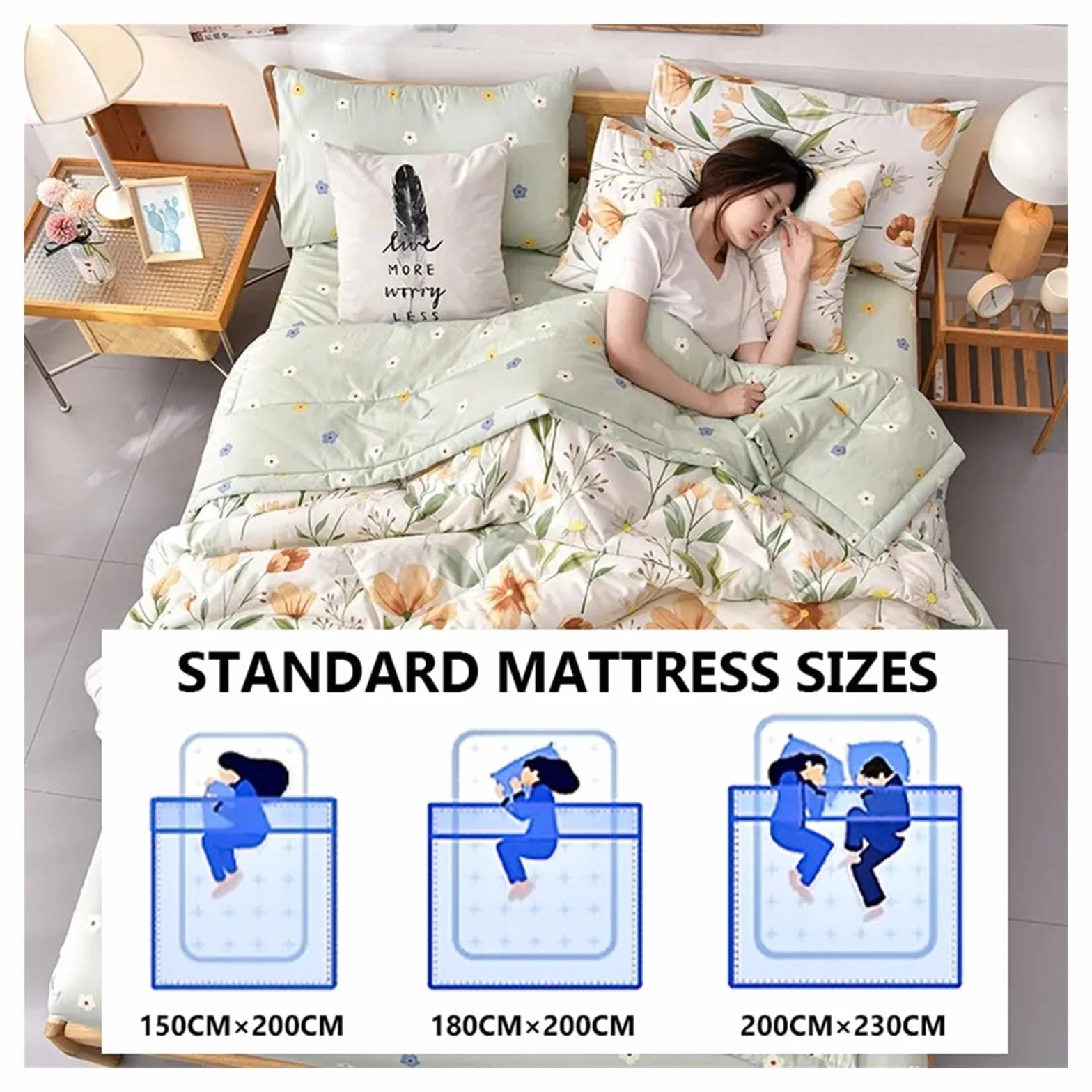 Washed Cotton Blanket Quilt Soft Summer Cool Air-Conditioning Comforter Printed Single Double Student Dormitory Quilt for Sofa Bed 150x200 cm All-Season