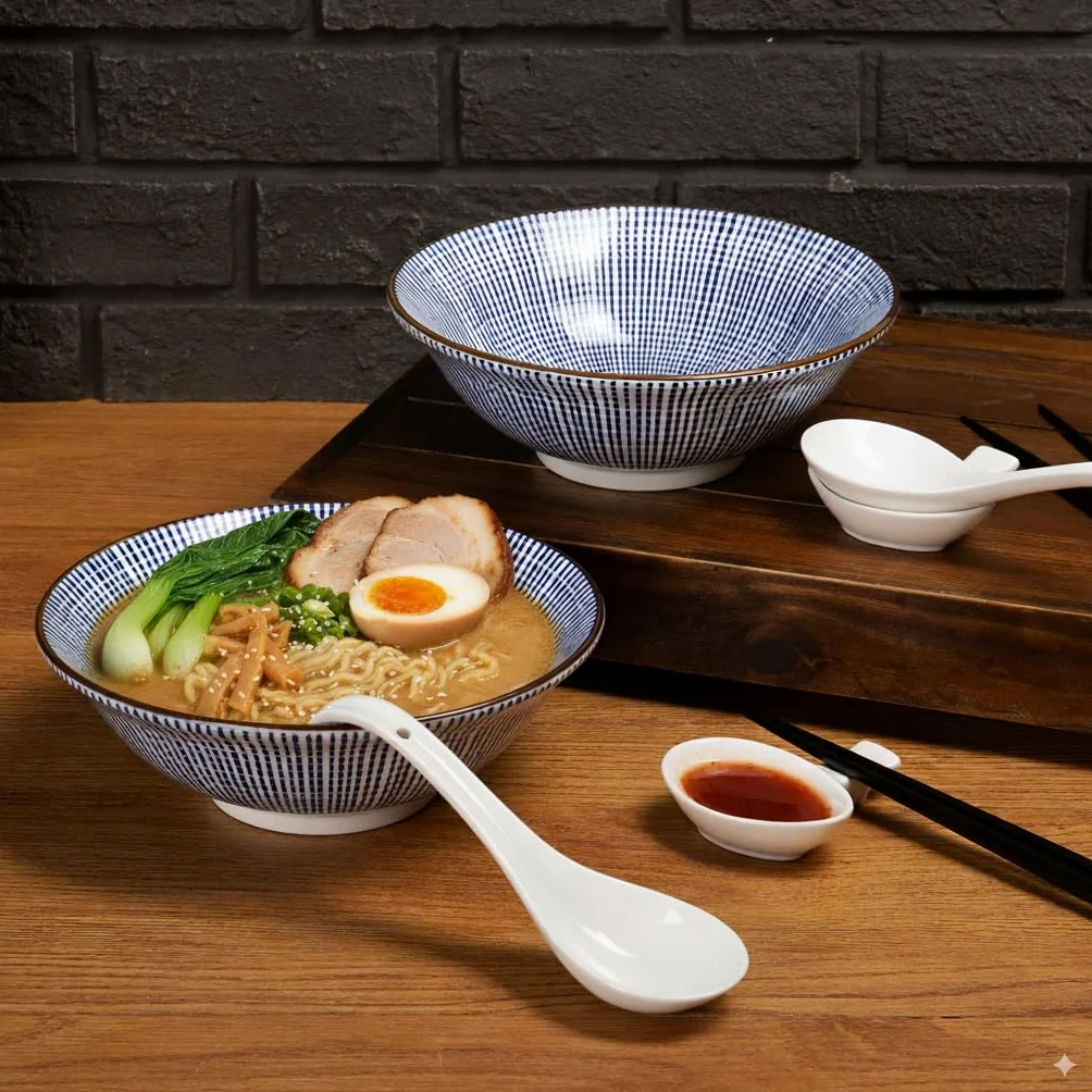 Urban Lifestyle Zestaw Misek do Ramen dla 2 Osób TOKUSA Azjatycka Zastawa z Porcelany Ø 20,5 cm 1000 ml z Łyżkami do Ramen, Miseczkami na Sos i Pałeczkami, Styl Japoński