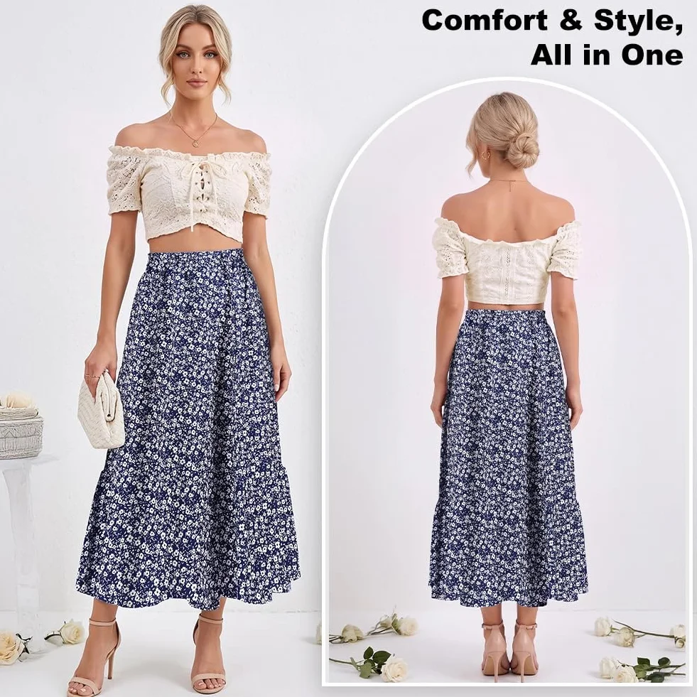 Aomig Długa spódnica damska, spódnice damskie w stylu vintage kwiatowy nadruk, elastyczne spódnice w kształcie litery A, spódnice damskie letnie eleganckie