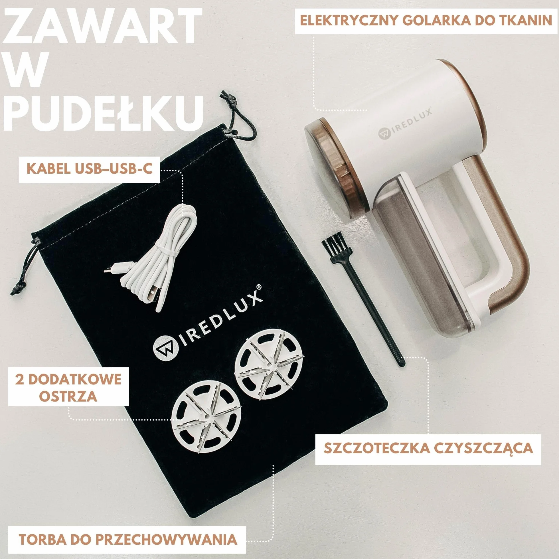Elektryczna Golarka do Kłaczków, Regulowana 3-Biegowa Prędkość, Ostrze z 6 Listkami, Wyświetlacz LED, Ładowanie przez USB Biały