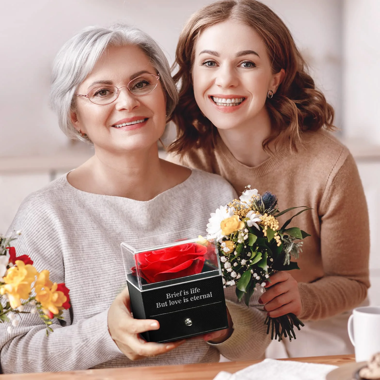 Wieczna róża w pudełku prezentowym z naszyjnikiem I Love You, ręcznie wykonana, prezent dla niej