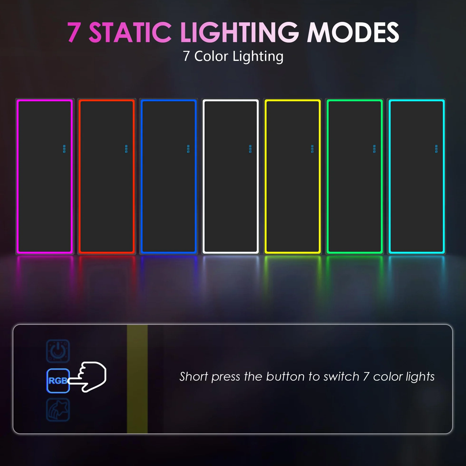 LVSOMT Lustro pełnowymiarowe RGB z oświetleniem, 153 x 50 cm, lustro stojące pełnowymiarowe bez ramy, duże lustro ścienne LED do sypialni, salonu, 7 trybów dynamicznych i 7 kolorów światła, czarne