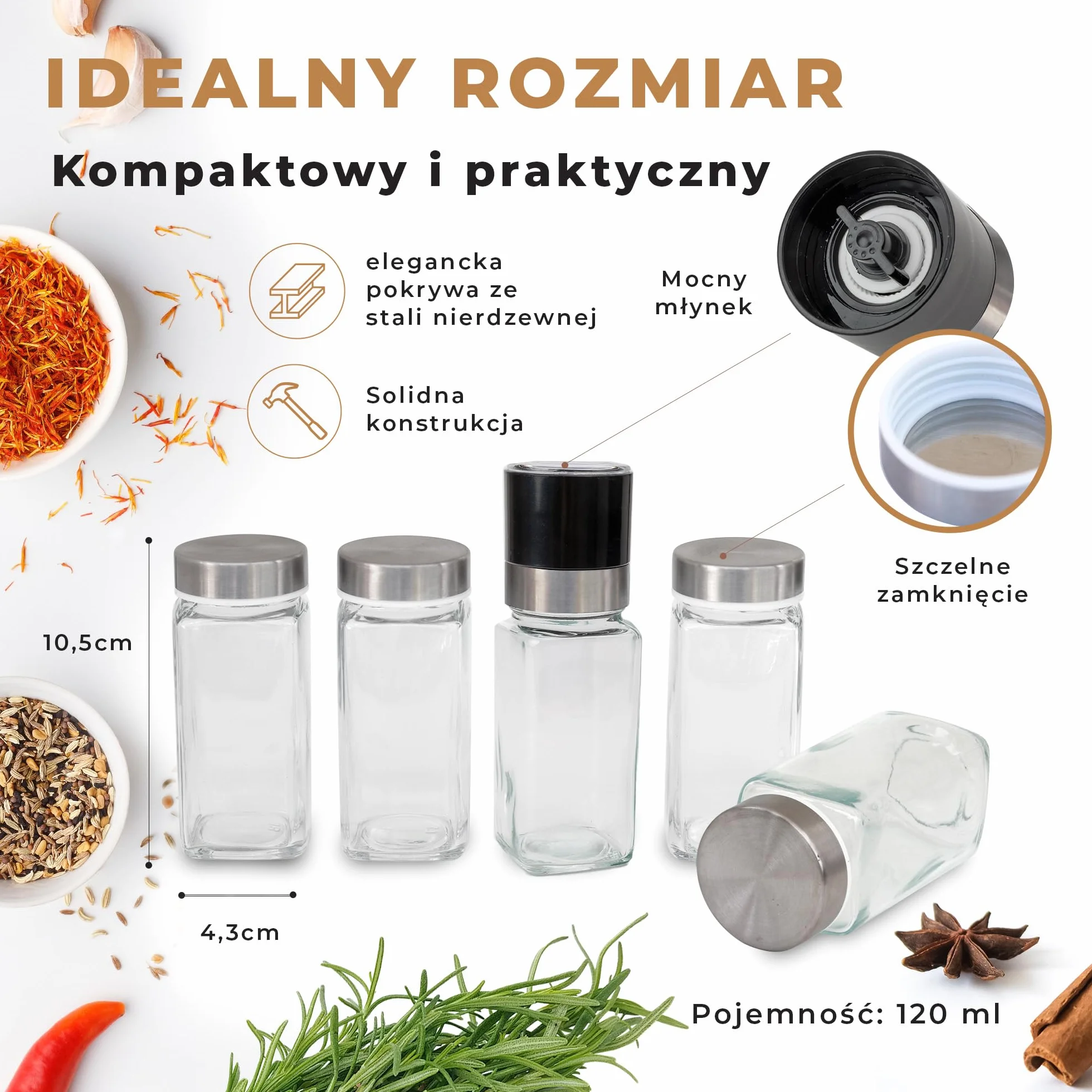 Comforder Zestaw 24 Szklanych Słoiczków na Przyprawy 120ml z 336 Etykietami i Młynkami