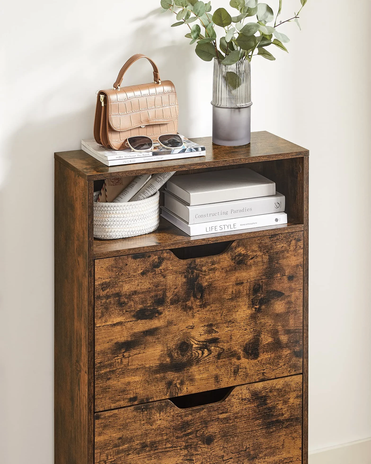 VASAGLE Szafka na buty z 2 klapami z otwartą półką 60 x 24 x 102 cm rustykalny brąz