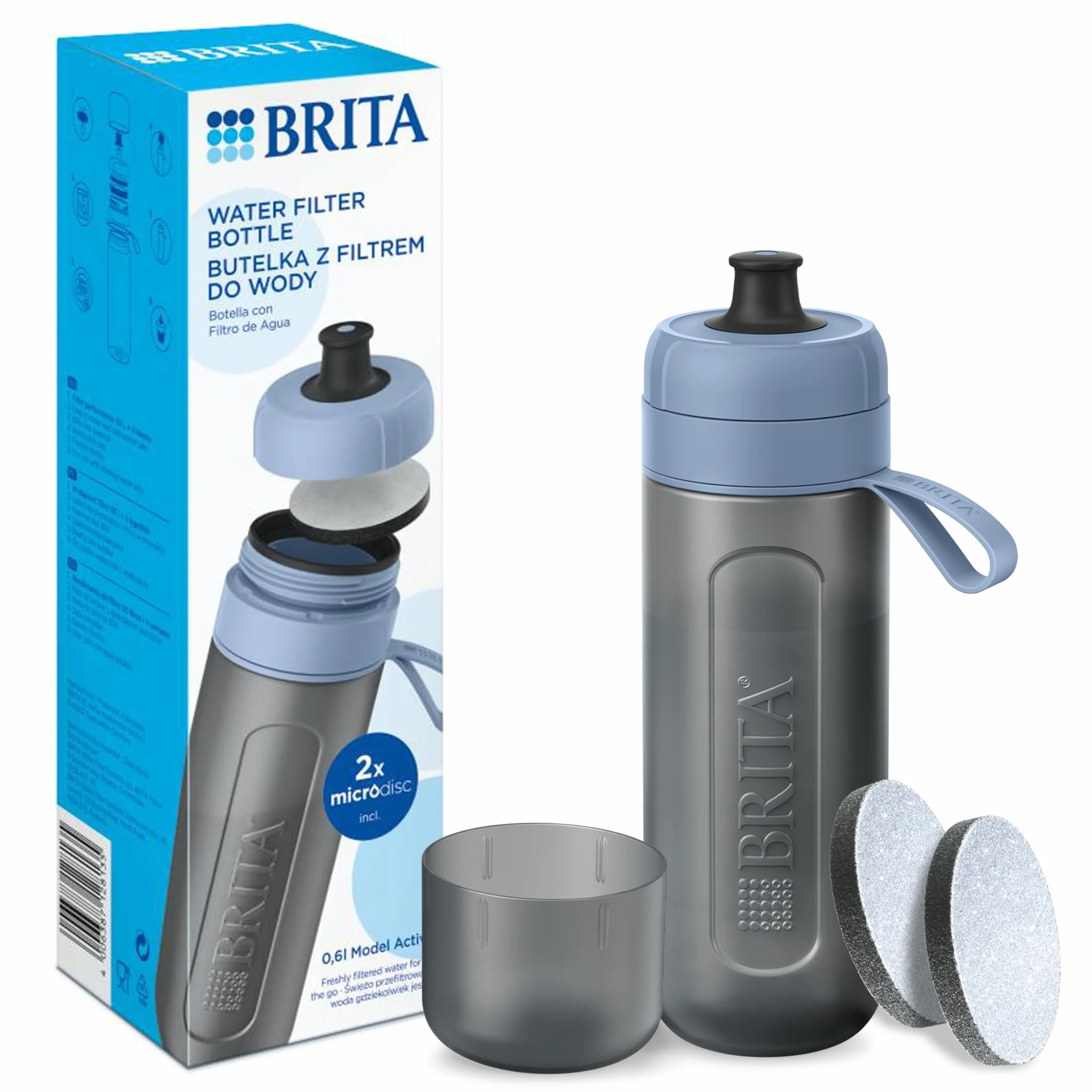 BRITA Butelka filtrująca Active pastelowy błękit 0,6l z 2 filtrami MicroDisc