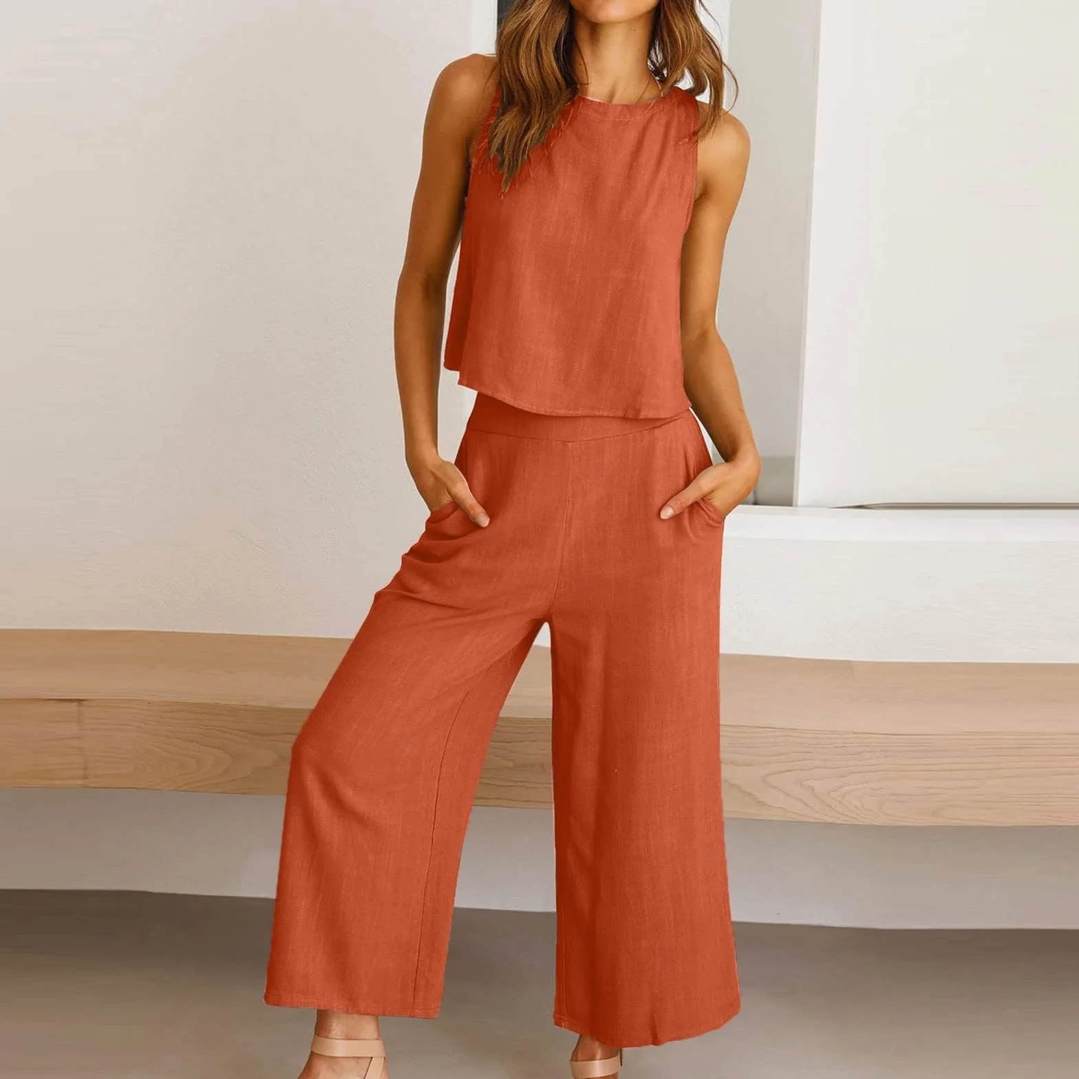 Damski letni dwuczęściowy bezrękawnik i spodnie bez rękawów 2-częściowe eleganckie spodnie garnitury bawełniane lniane dres do joggingu letnie spodnie garnitury dla kobiet strój na co dzień