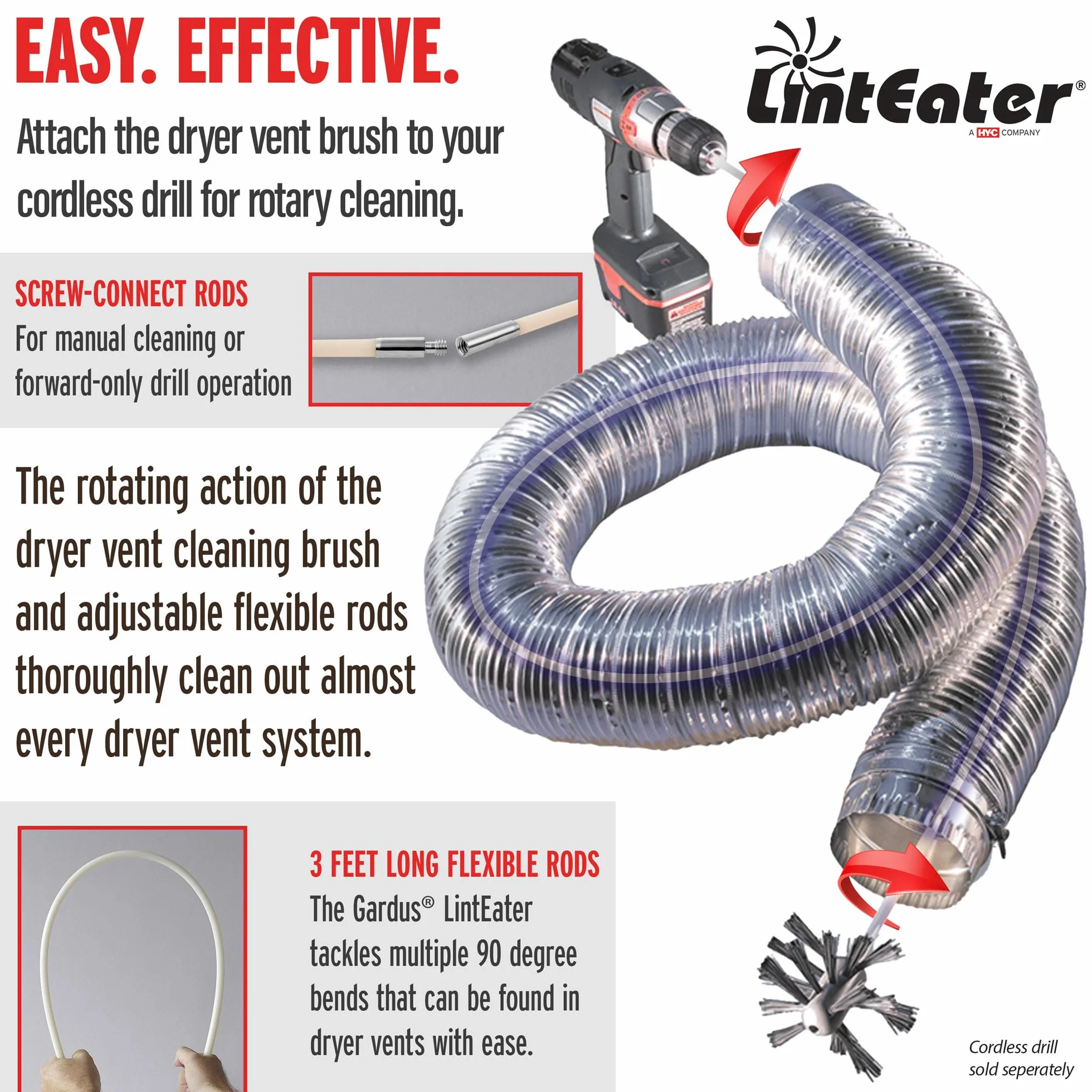 Gardus RLE24 LintEater Rotary Dryer Vent Cleaner Kit, 24' Flexible Rods, Air Duct Cleaning Tools