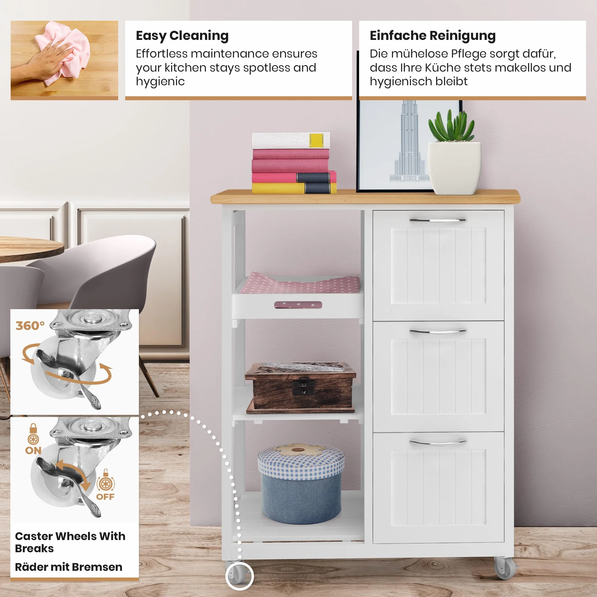 MIADOMODO® Wózek kuchenny z 3 szufladami, blat roboczy, drewno/MDF, biały 67x37x87 cm