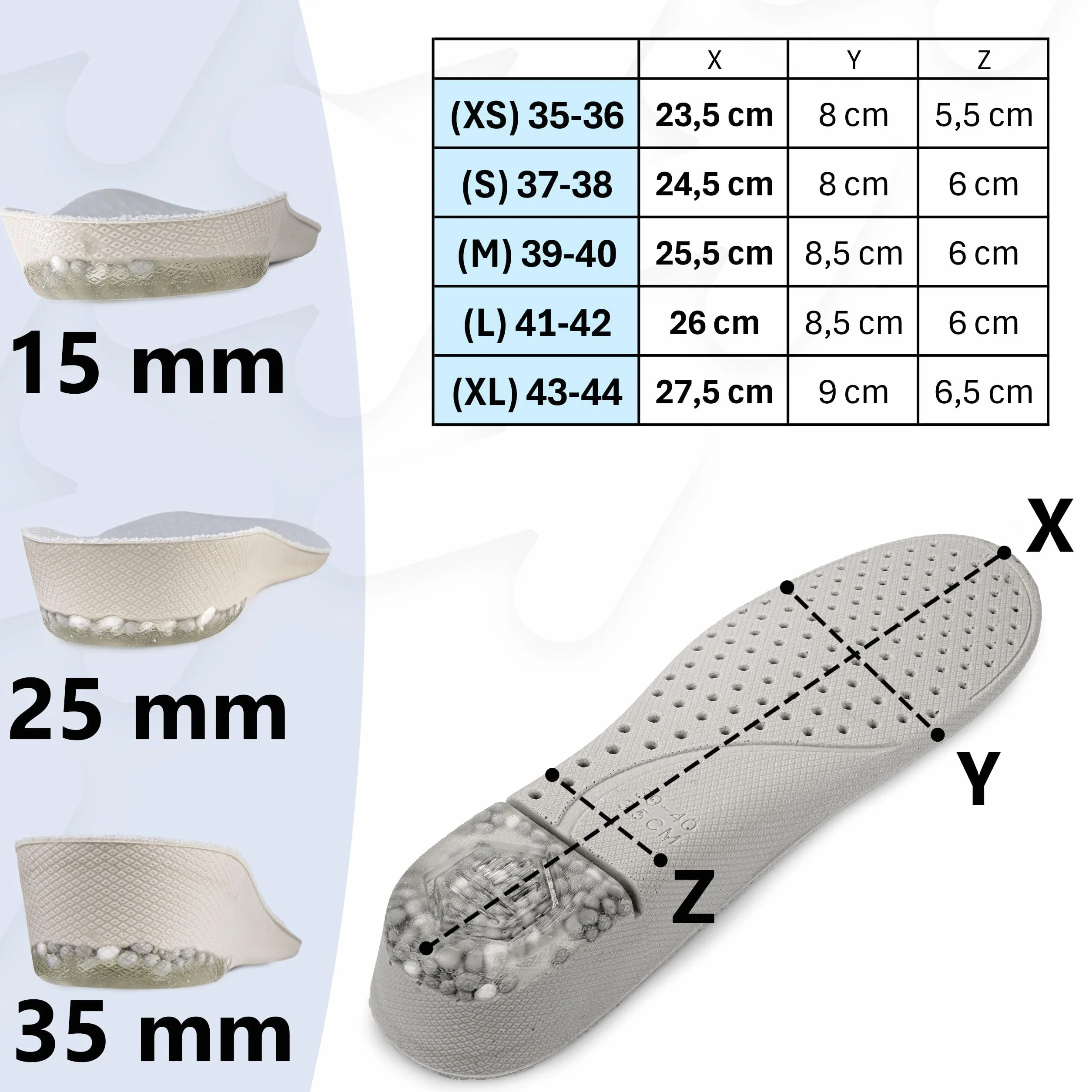 SULPO Podwyższajace wkładki do butów o 1,5 cm / 2,5 cm/ 3,5 cm Wkładki zwiększające wzrost amortyzujące komfortowe Wysokość 3,5 cm Rozmiar 41-42