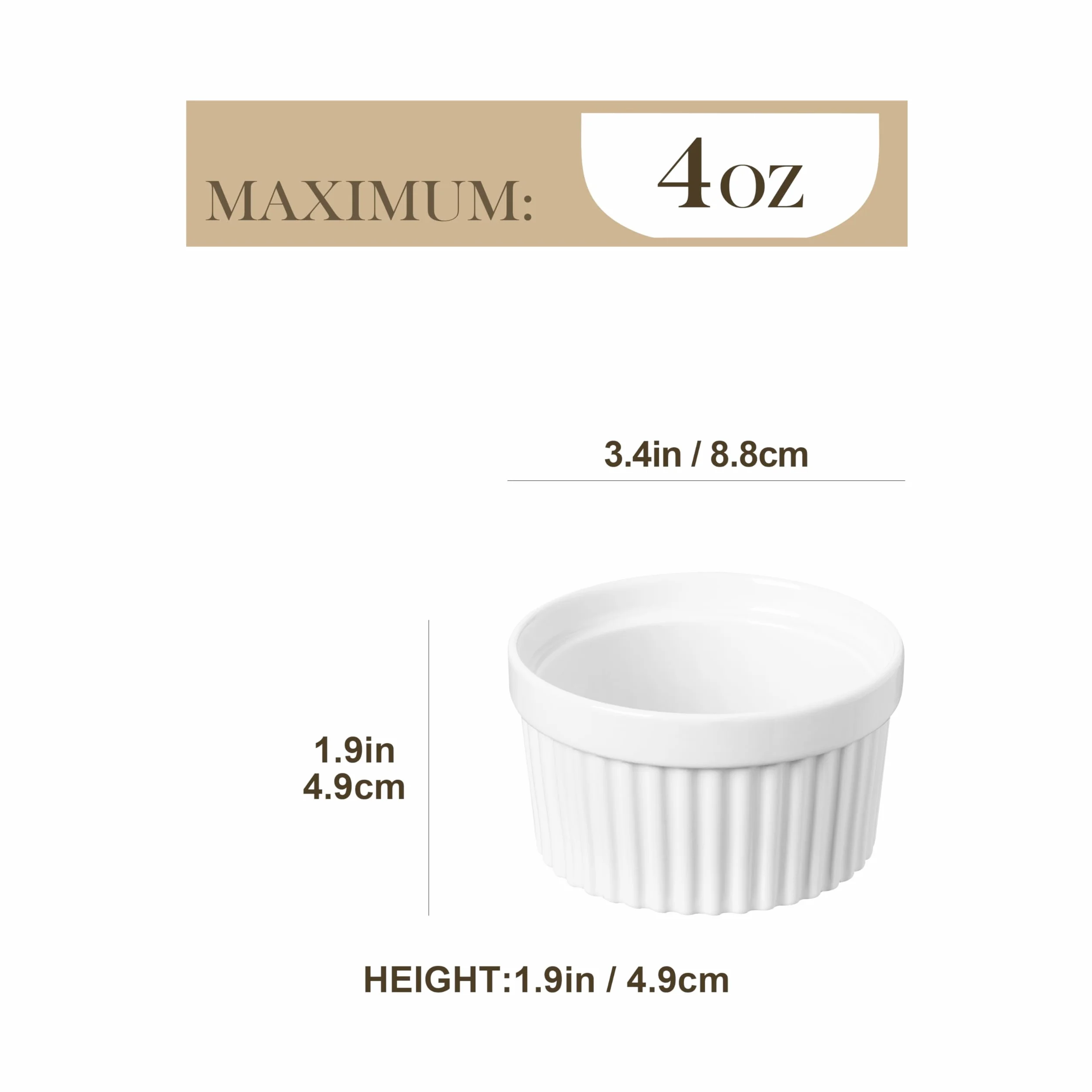 MALACASA Seria Ramekin zestaw 6 miseczek do sufletu 140 ml odporne na piekarnik 8,8 x 4,9 cm białe