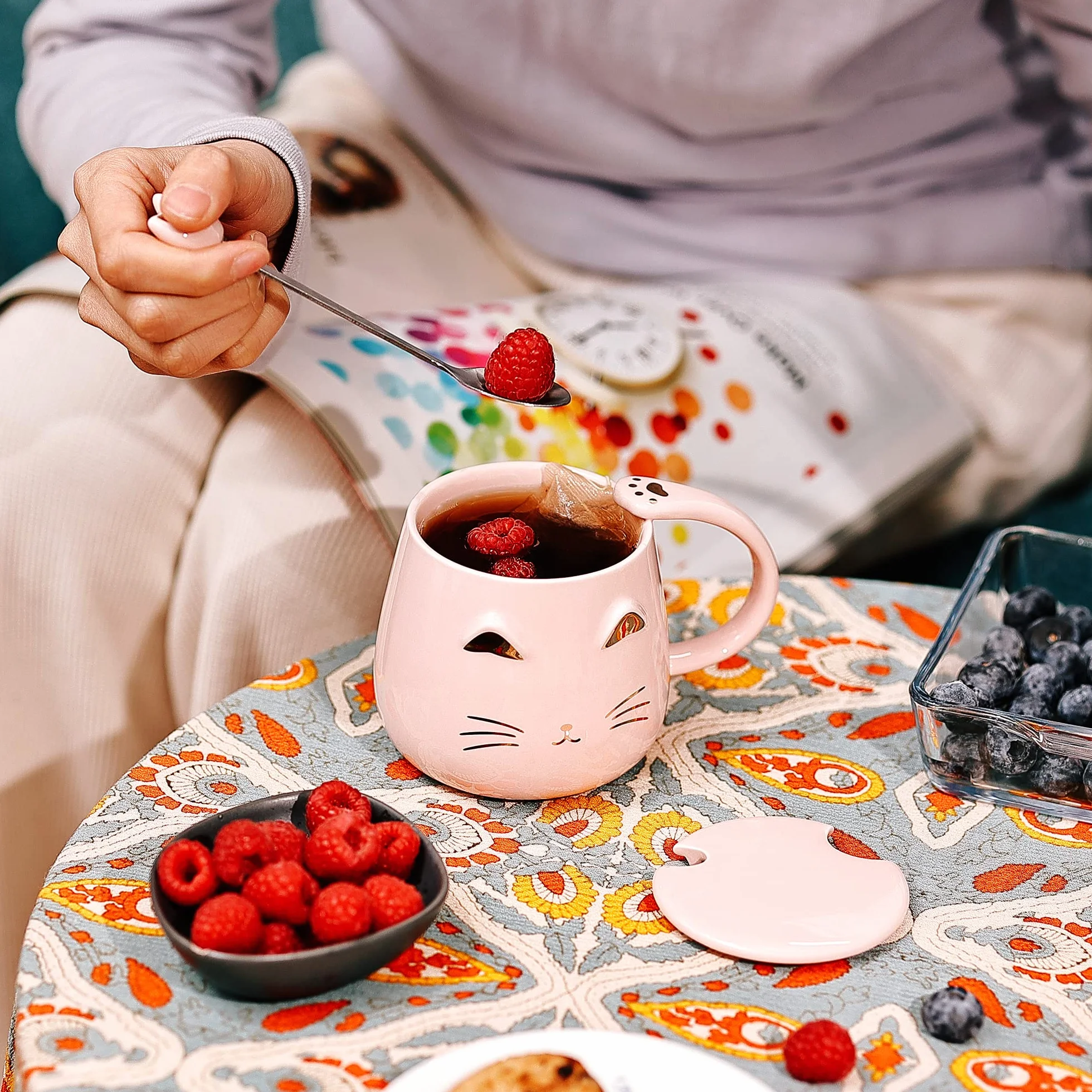 SHENDONG ceramiczny kubek z kotem Kawaii z pokrywką i łyżką ze stali nierdzewnej