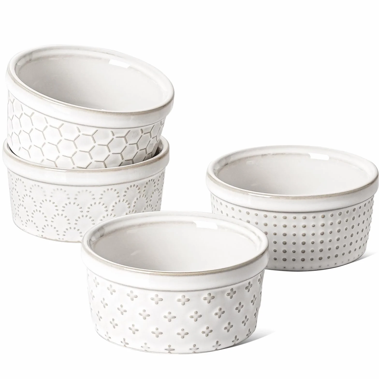 LE TAUCI Creme Brulee zestaw miseczek 170 ml x 4, foremki do souffli, do piekarnika, foremki do zapiekanek do ciasta lawowego, puddingu, ciast garnkowych – 10,8 cm, kolor arktyczny biały