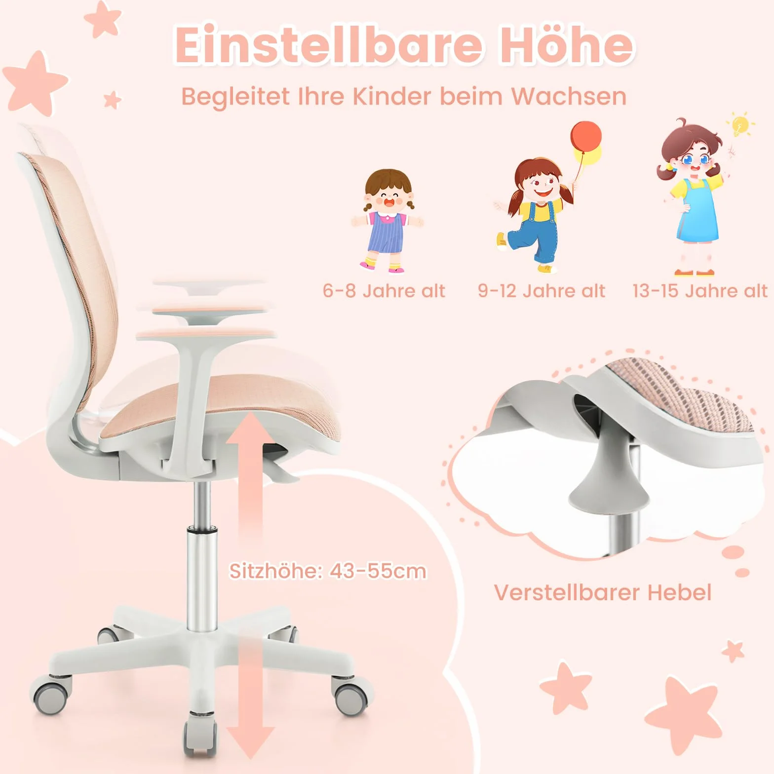 COSTWAY Dziecięce Krzesło Biurowe Obrotowe 360° z Regulacją Wysokości 43-55 cm, Ergonomiczne Krzesło Młodzieżowe z Podłokietnikami i Kółkami, Stabilne i Komfortowe