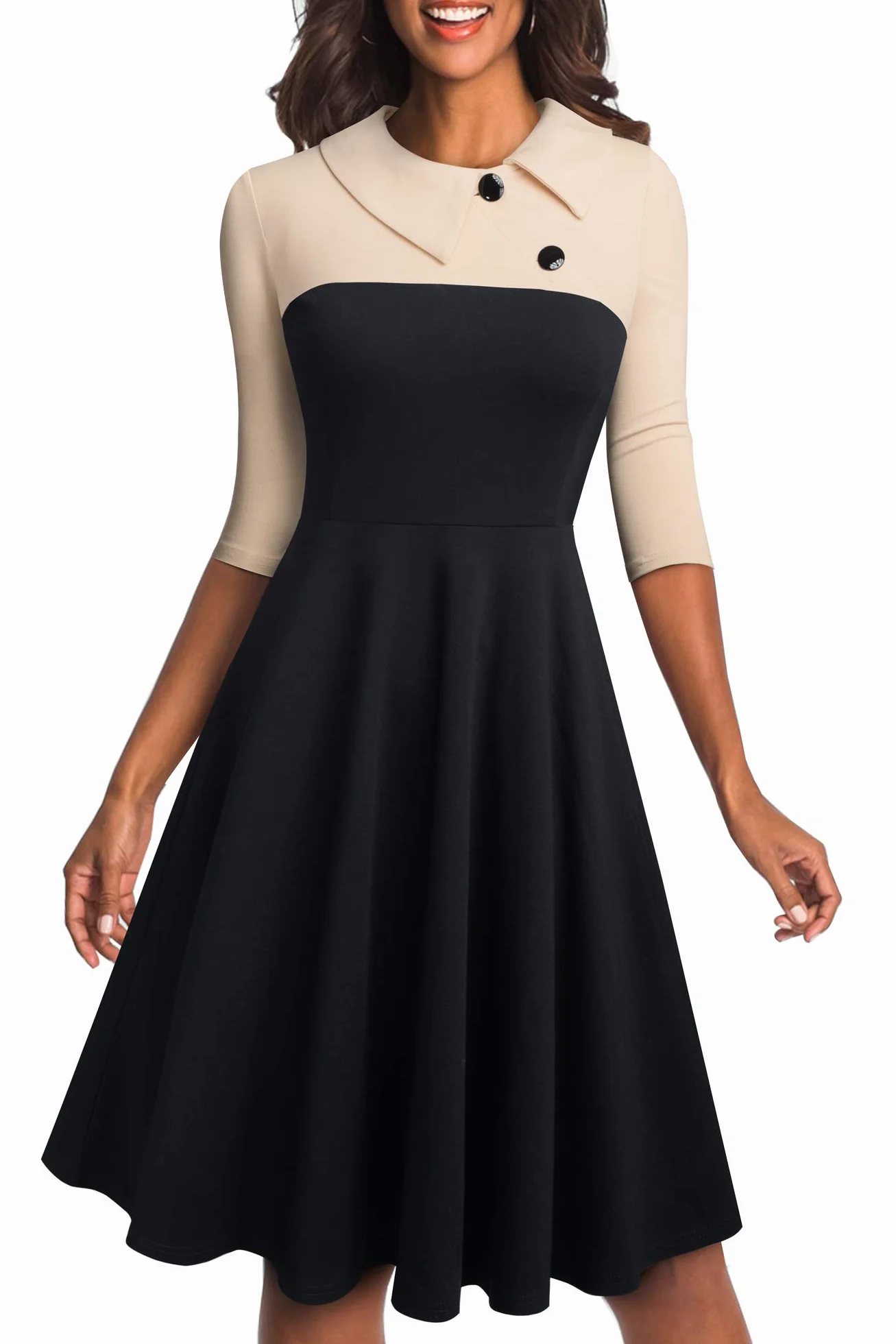 HOMEYEE Damska sukienka biznesowa w stylu vintage z klapą Colorblock Houndstooth Patchwork Swing A121