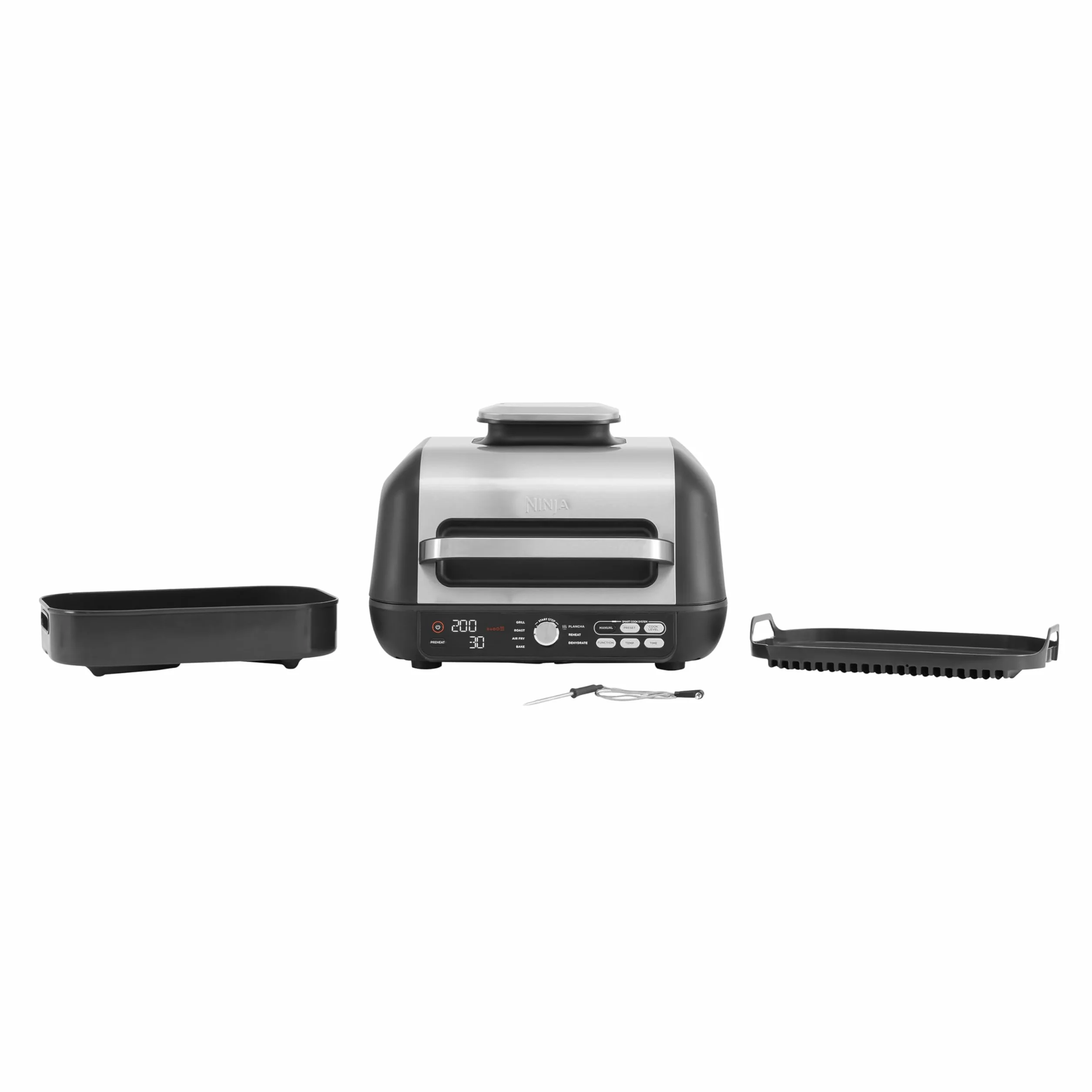 Ninja Foodi MAX PRO Grill, płaska płyta i frytkownica beztluszczowa z cyfrową sondą kuchenną i termometrem, 3,8 l, 7 funkcji gotowania w 1, części można myć w zmywarce, srebrno/czarny, AG651EU