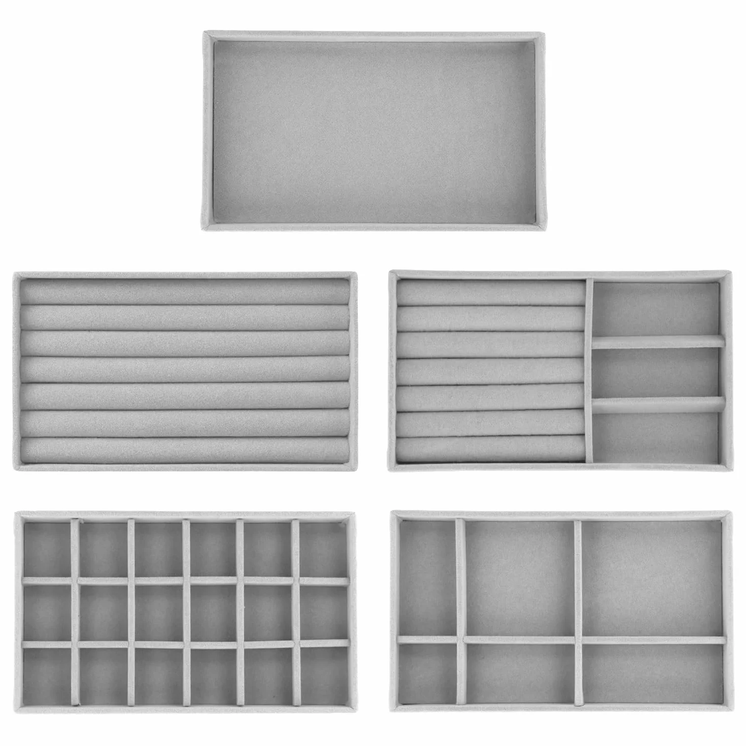 QWORK® 5 szt. Organizer do tacek na biżuterię, aksamitna tacka na biżuterię, do ekspozycji kolczyków, pierścionków, naszyjników i bransoletek, szary